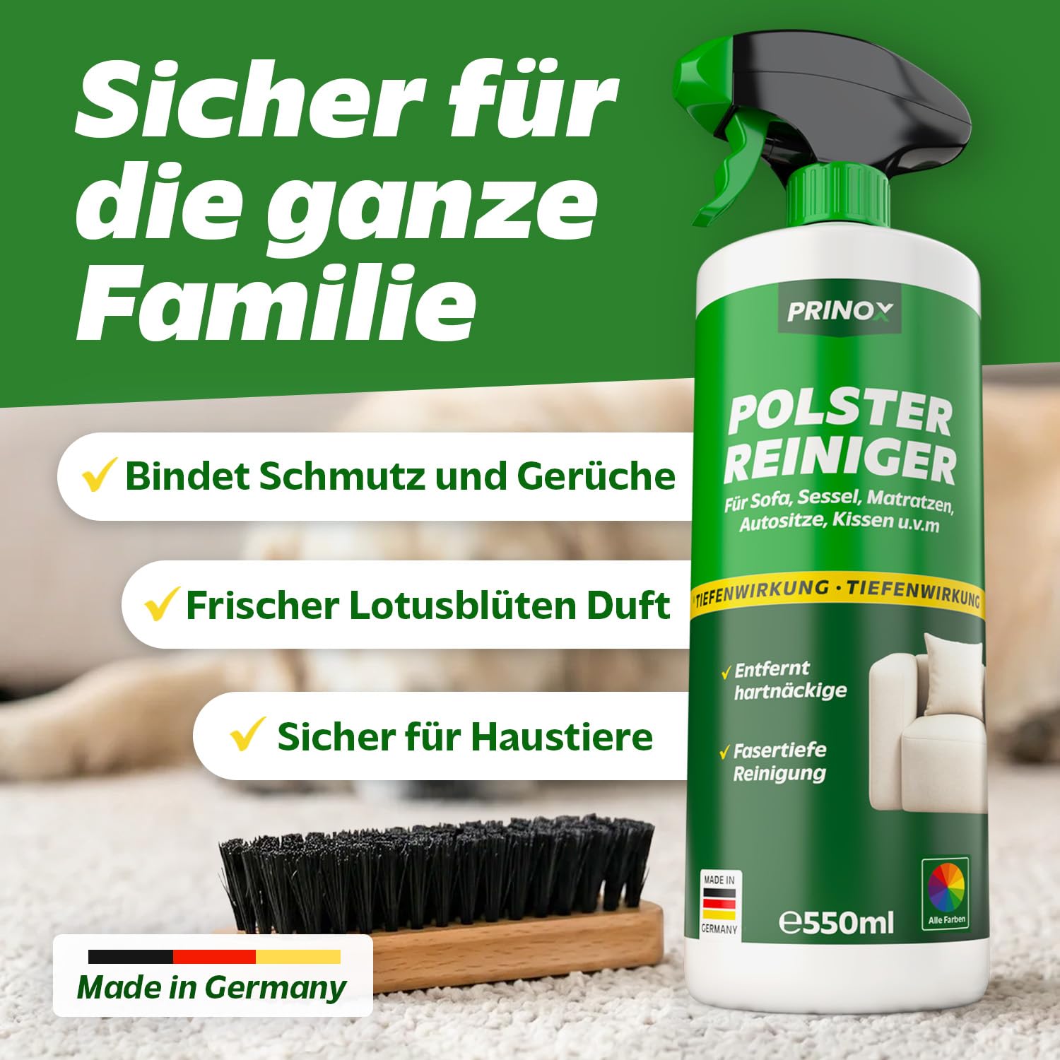 PRINOX Profi Polsterreiniger 550ml für Sofa, Auto, Sessel & Couch inkl. Bürste - Textilreiniger Konzentrat & Autositz Reiniger für alle Polstermöbel - Fleckenentferner Sofa aus Deutschland