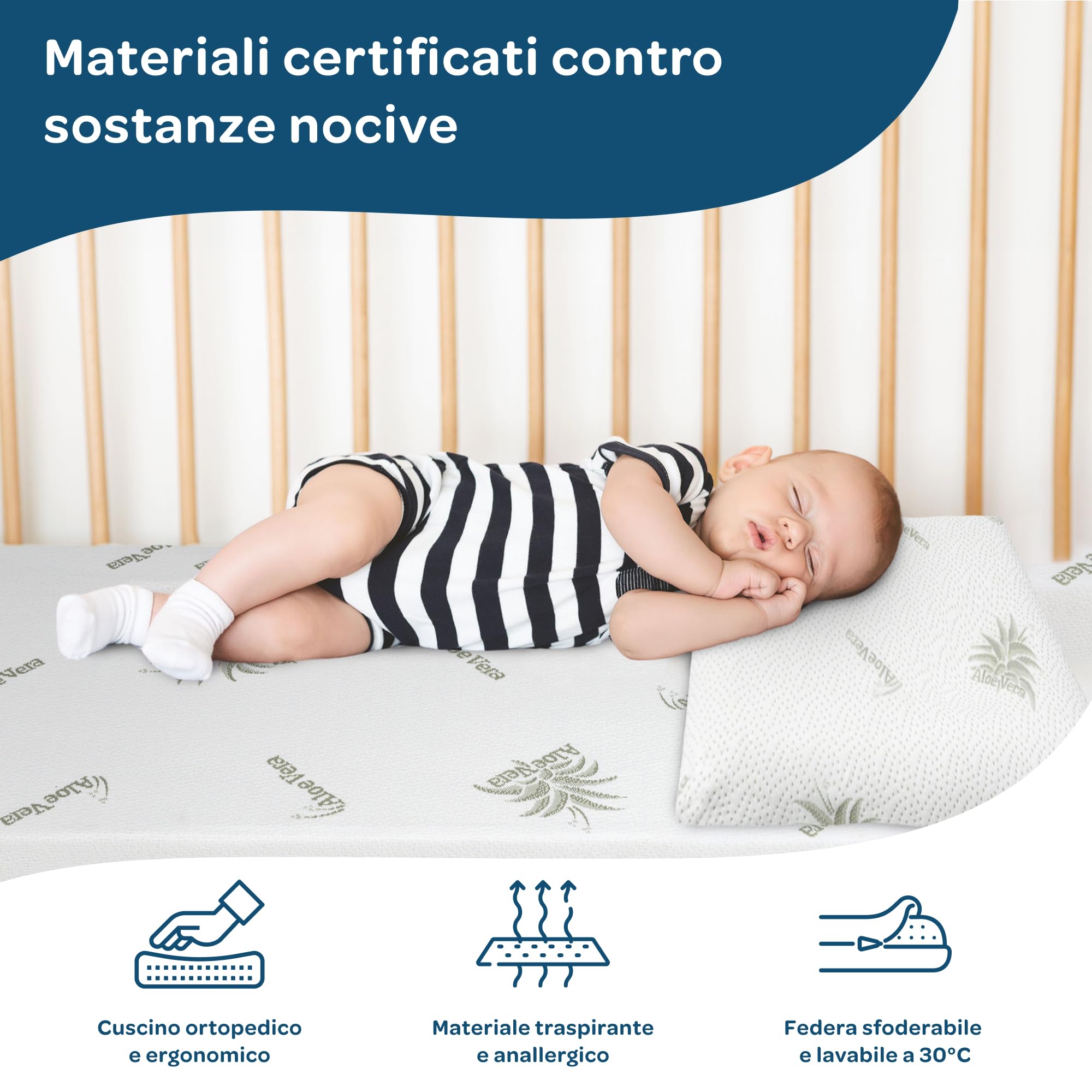 Cuscino Memory Foam Bambini Dolci Sogni - 60x40x6 Cm, OEKO-TEX, CertiPUR, Made Italy, Per 2+ Anni - Foto 9