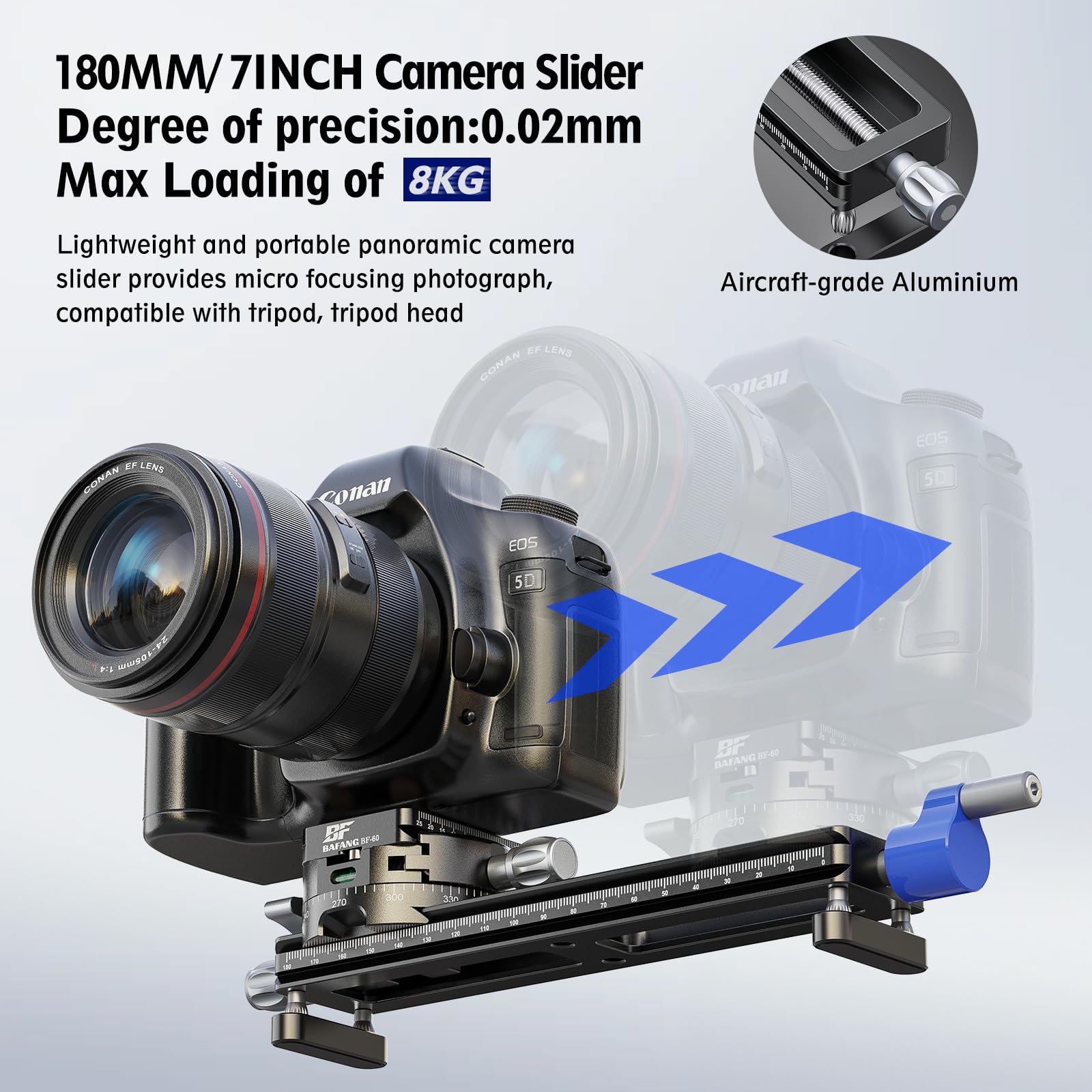 Kamera Slider, 180 mm/7,08 Zoll Kameraschiene mit Schnellwechselplatte und klemme für DSLR Stativ Einbeinstativ Kugelkopf,Maximale Belastung 8kg