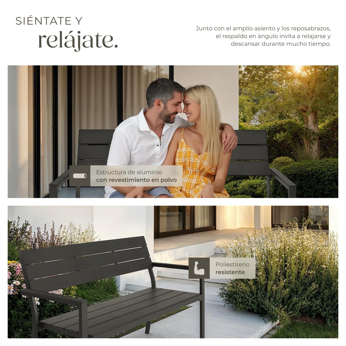 tectake® Banco de Jardín Moderno para Dos Personas, Estructura de Aluminio Resistente, Banco Jardin, Asiento de Poliestireno Efecto Madera, Ideal para Patio y Terraza Exterior - Oscuro