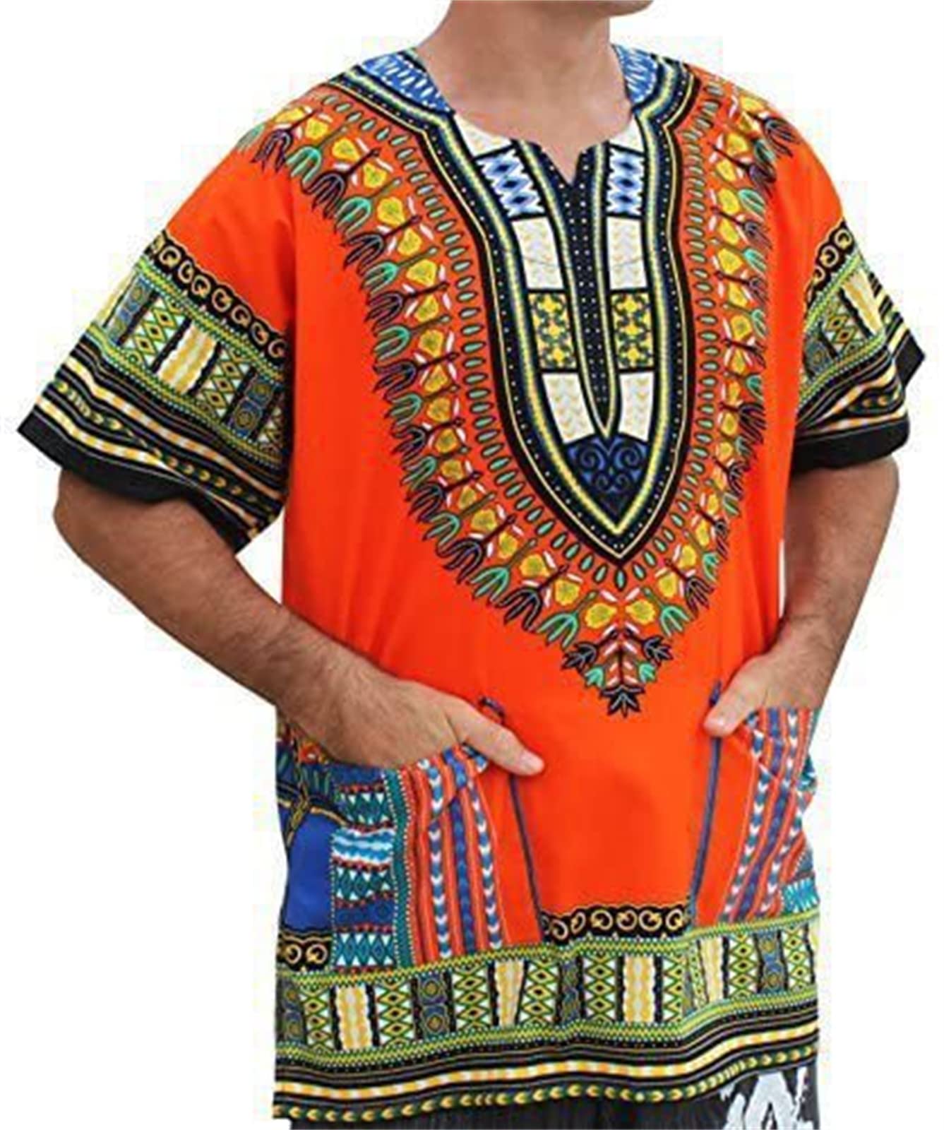 Keephen Men's # 6 African Dashiki T-Shirts Ethnic Style 3D Printed V Neck Short-Sleeved Traditional African Shirt Hippie Kaftan Tops
