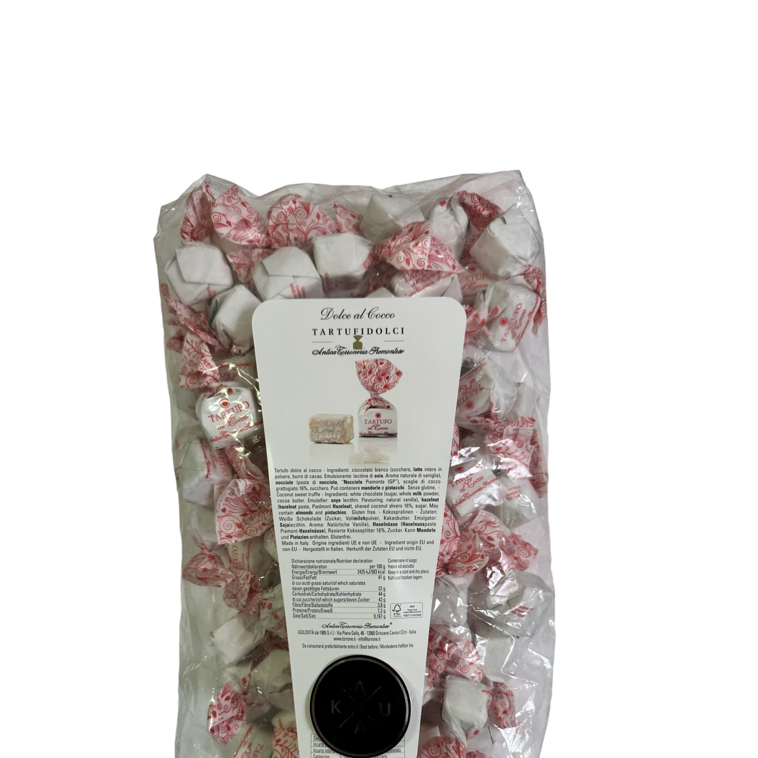 1kg Tartufi dolce cocco von Antica Torroneria Piemontese. Italienische Trüffel-Pralinen mit weißer Schokolade, Kokos und Piemont-Haselnüssen, 1 kg Beutel KAUKAU Edition