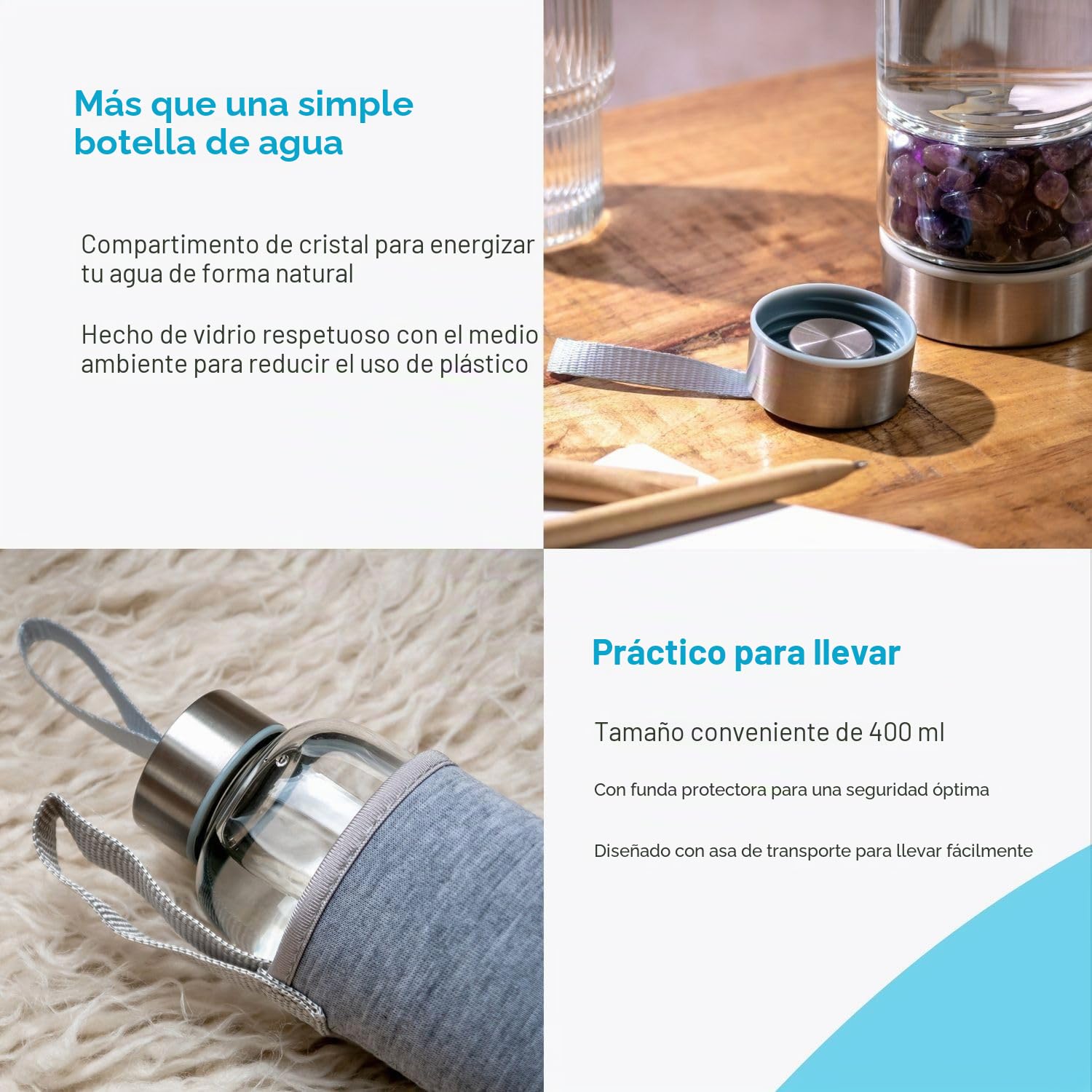 INTIRILIFE Botella de agua con piedras curativas y funda Gris - Amatista - Capacidad de 400 ml - Botella con piedras preciosas, minerales
