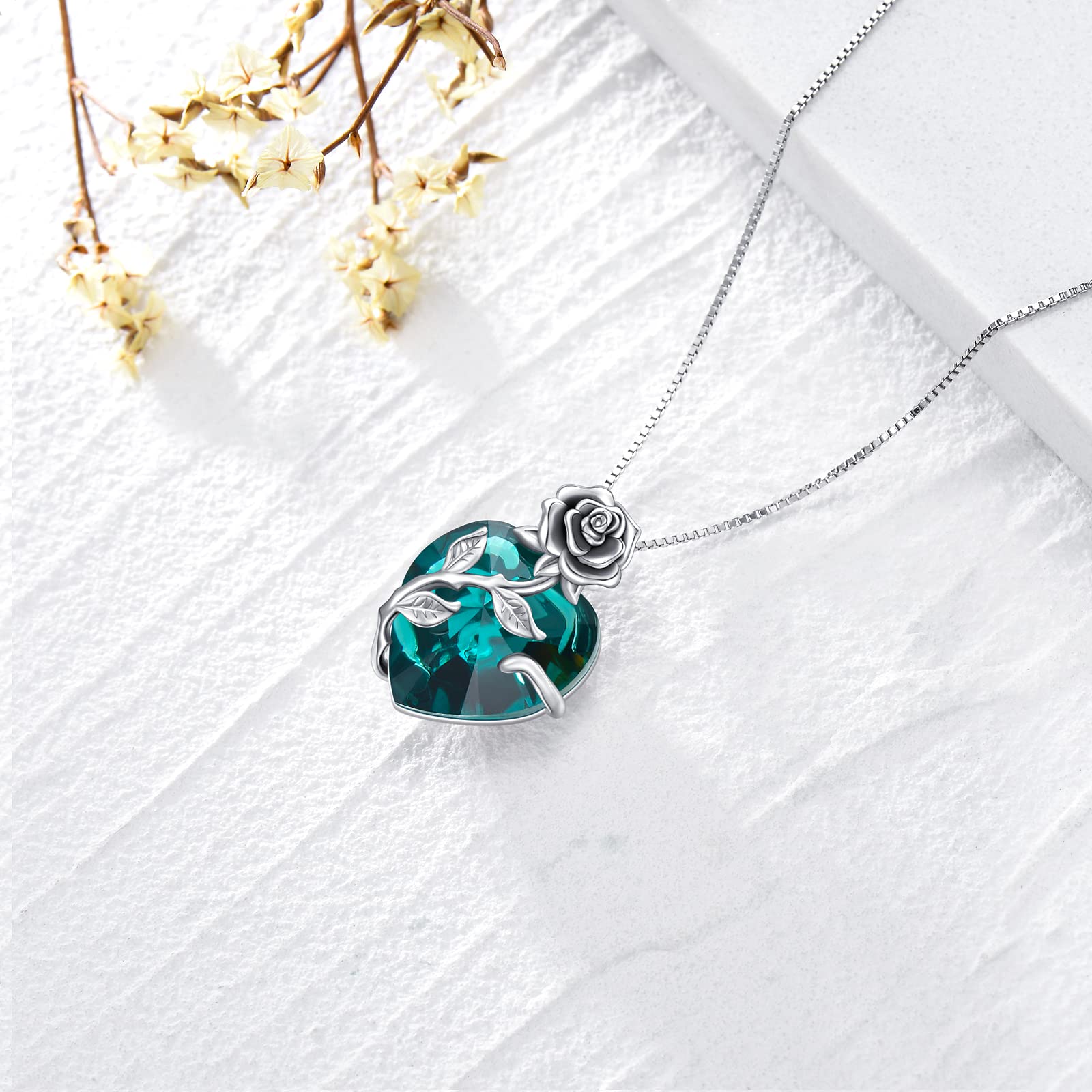 TOUPOP Halskette Damen Silber 925 Rosen Kette mit Geburtsstein Herz Anhänger Schmuck Geschenke für Frauen Sie Freundin Ehefrau Mama zum Geburtstag Hochzeitstag Jahrestag