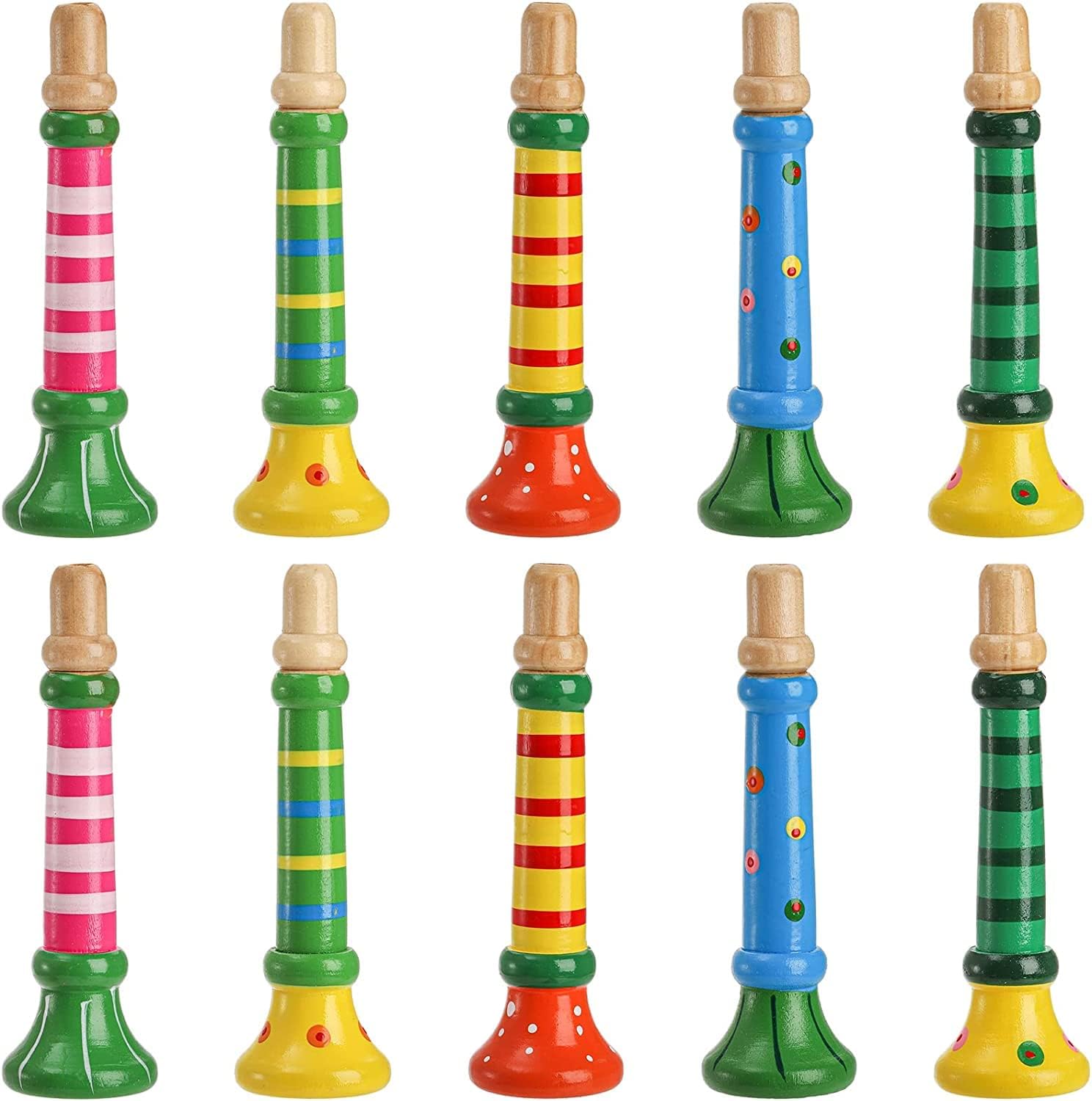 SYOSI 10 Pieces Small Wooden Trumpet, Colorful Piccolo Flute for Kids Musical Instruments for Children, Early Education Develop for 3+ Year Age, Boys Girls, School (Random Colors)