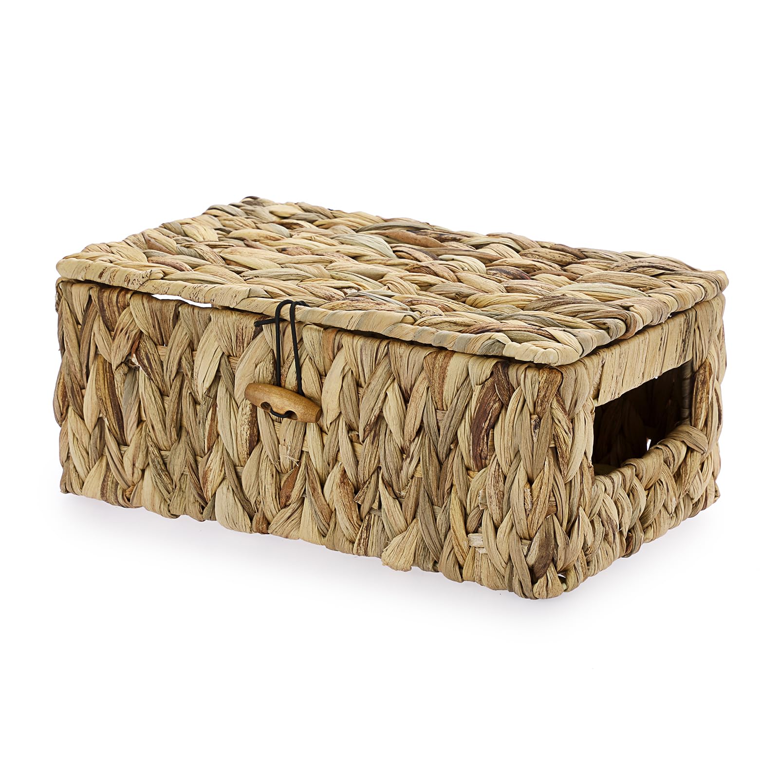 OGANAZI Cajas de mimbre de jacinto de agua natural, cestas de almacenamiento de mimbre tejido con tapas, cestas de almacenamiento para baño, dormitorio, cocina, oficina, 31 x 18 x 16 cm (mediana)