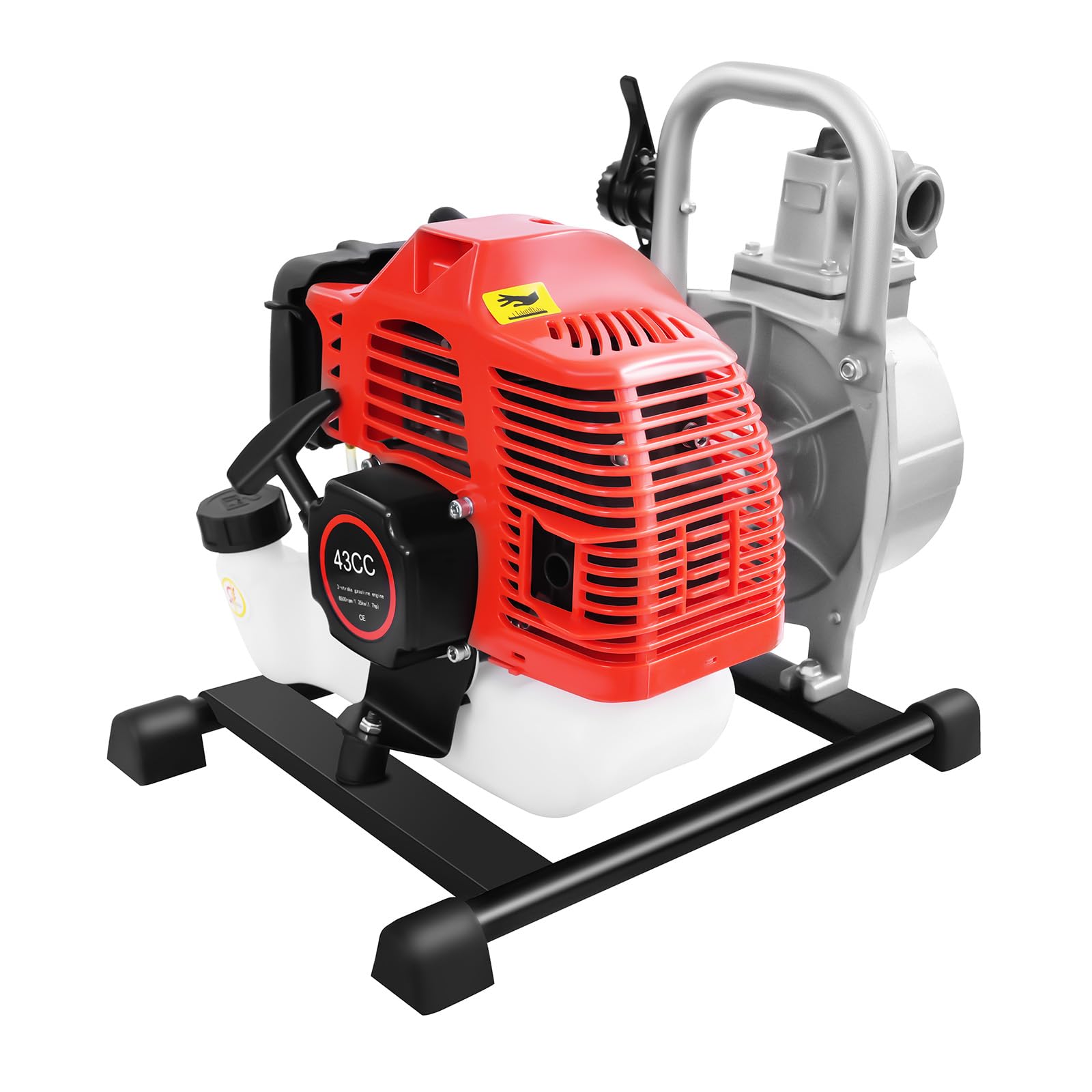 Bomba de agua de gasolina de 43 cc, 1250 W, motor de 2 tiempos, bomba de jardín portátil de 1 pulgada con manguera de aspiración de 2 m, plata para jardín, agricultura, riego y drenaje