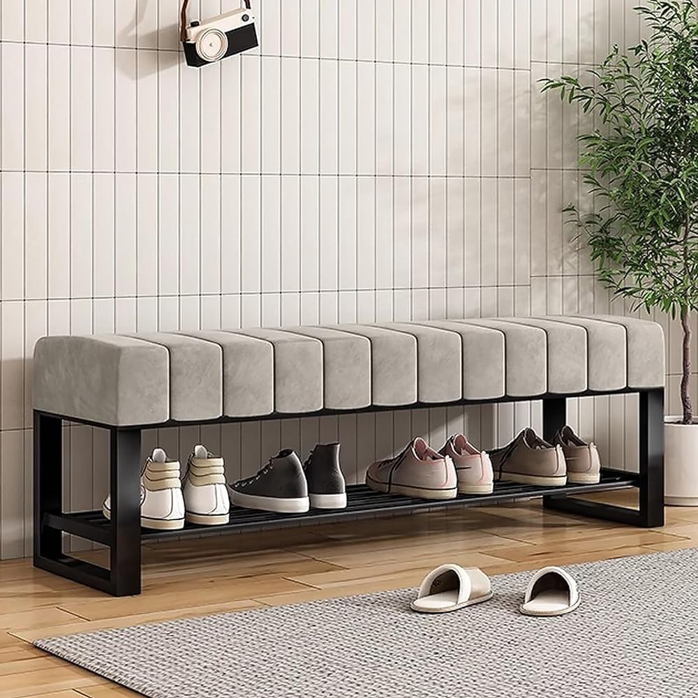 MSHGSKU Entryway Bench with Metal Frame and Velvet Upholstered Seat - Shoe Storage Bench, Bedroom Bench Ottoman for Hallway Storage and Seating