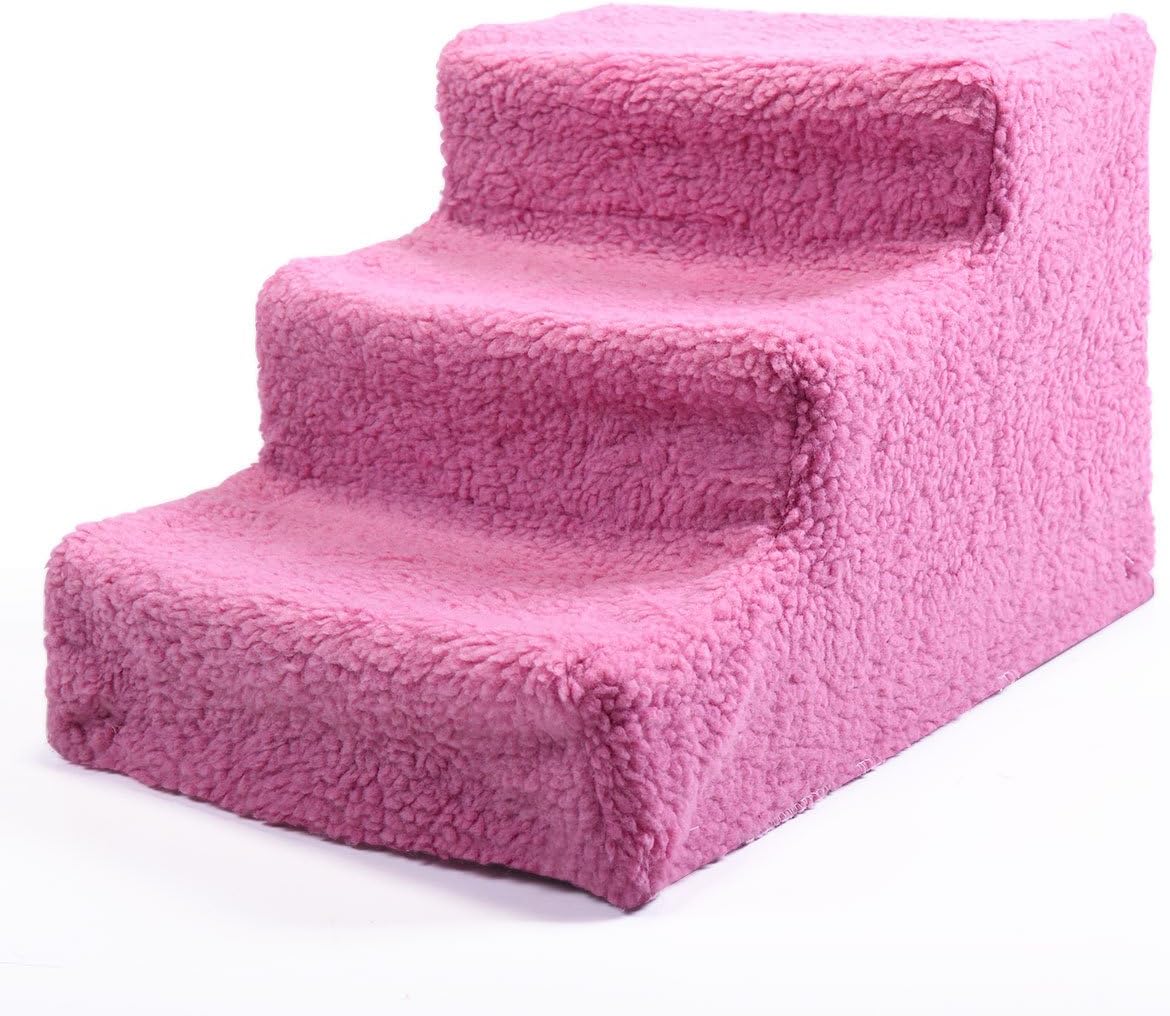 BWM.Co Portable Pet Steps Dog Step Cat Stair Small Dog Cat Ramp 3-Step Removable Non-Slip Doggy Kitty Stair Pet Ramp Ladder Up to 55 LBS for Indoor Home,Pink