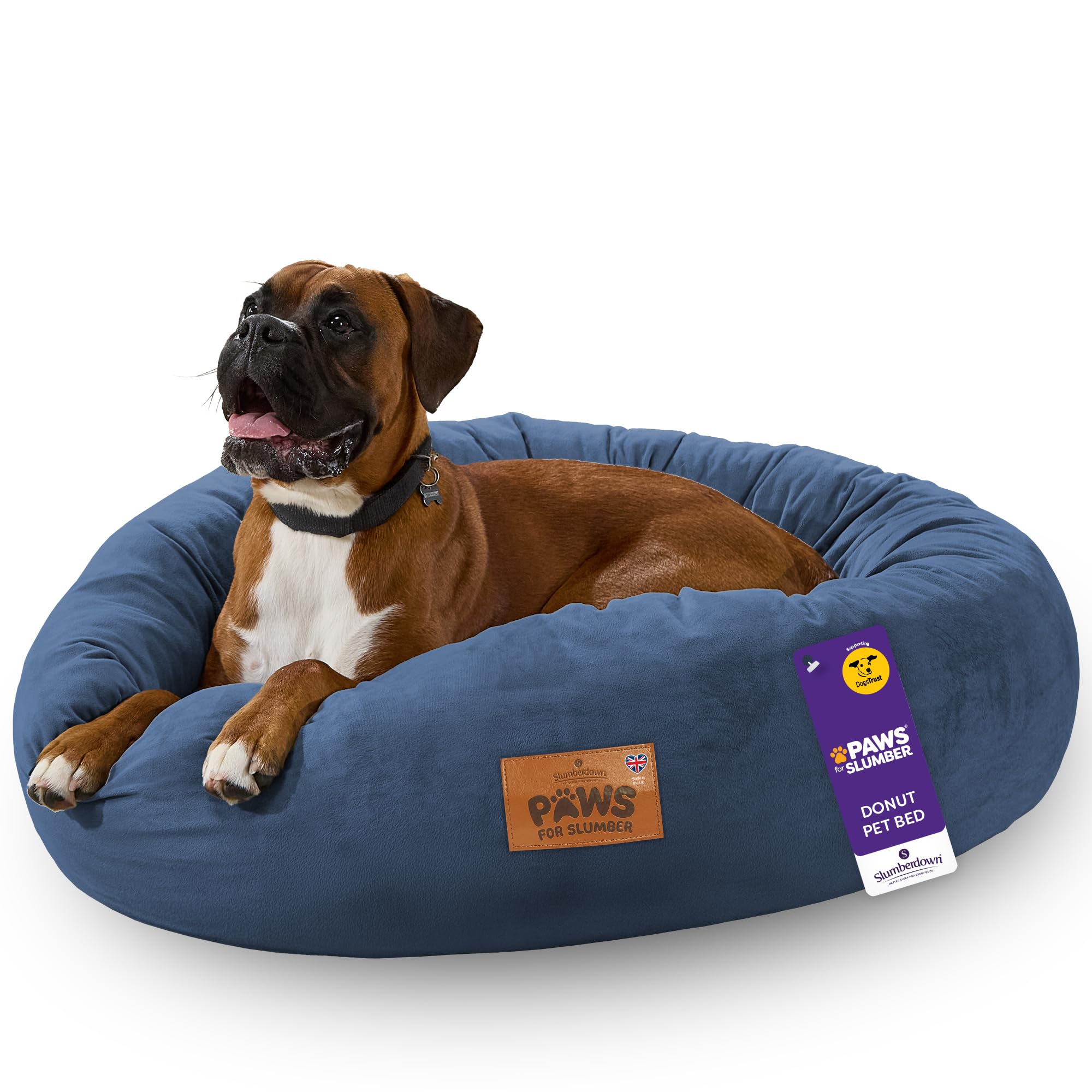 Slumberdown Donut XL Dog Bed (85 cm) - Soft, Supportive & Calming Nest for Puppy, Dogs & Cats | UK-Made, Washable, Non-Slip Base, Plush Cushioning Comfort in Navy