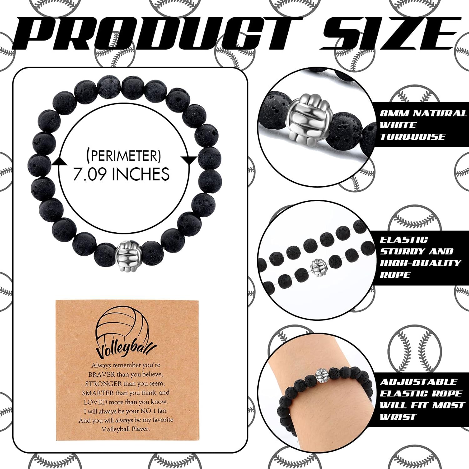 12 Sets Sport Bracelets Lave Stone Beaded Elastic Stretch Bracelets with Inspirational Card Bulk Team for Football Volleyball Golf Baseball Basketball Soccer - Image 2