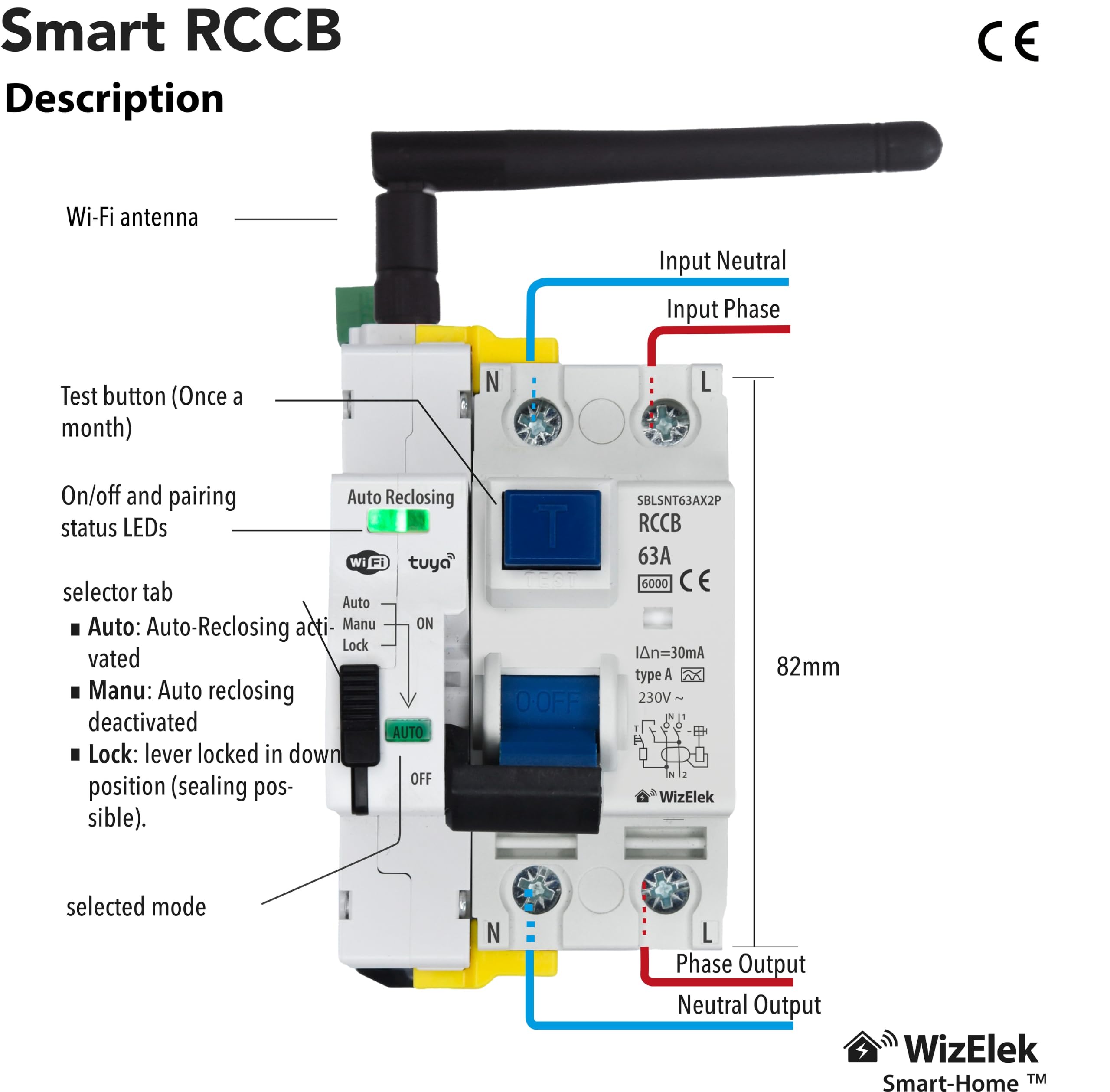 Smart-Home FI-Schutzschalter Wi-Fi Tuya mit automatischer Wiedereinschaltung 2P einphasig 63A 30mA Typ A&AC – Fernsteuerung – 3 Module (TE) – nach EN 61008-1