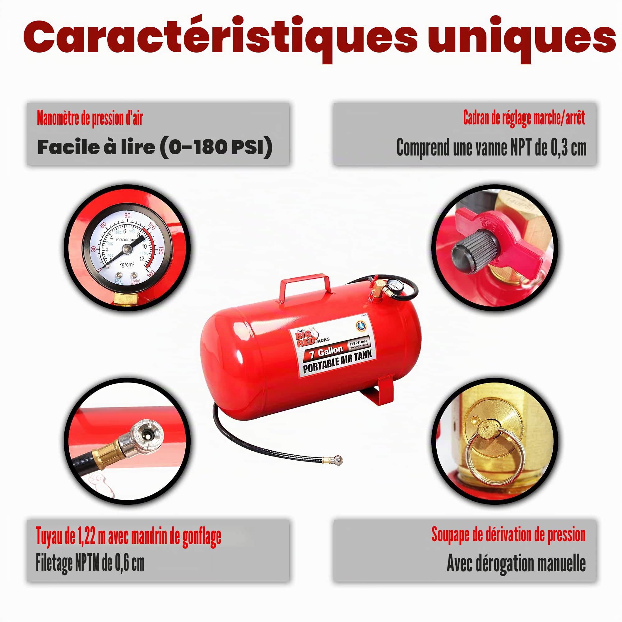 Torin BIG Red T88007 Réservoir d'air Portable Horizontal avec Tuyau de 41,5 cm et manomètre, capacité de 26,5 litres