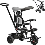 Tricycle Qaba pour tout-petit 5 en 1, tricycle pour enfants, se plie et se transforme en poussette, dossier réglable et auvent incurvé, garde-corps et poignée amovibles pour 1-5 ans, Noir