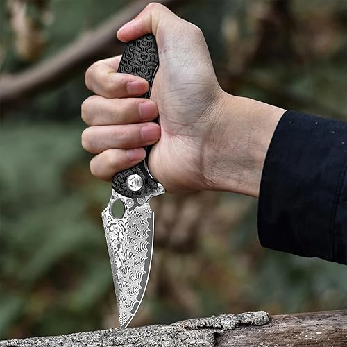 Vista 56 de Navaja de bolsillo con rompecristales, cuchillo plegable EDC Damasco con cortador de cinturón de seguridad, 3.35 pulgadas VG10 de hoja de acero