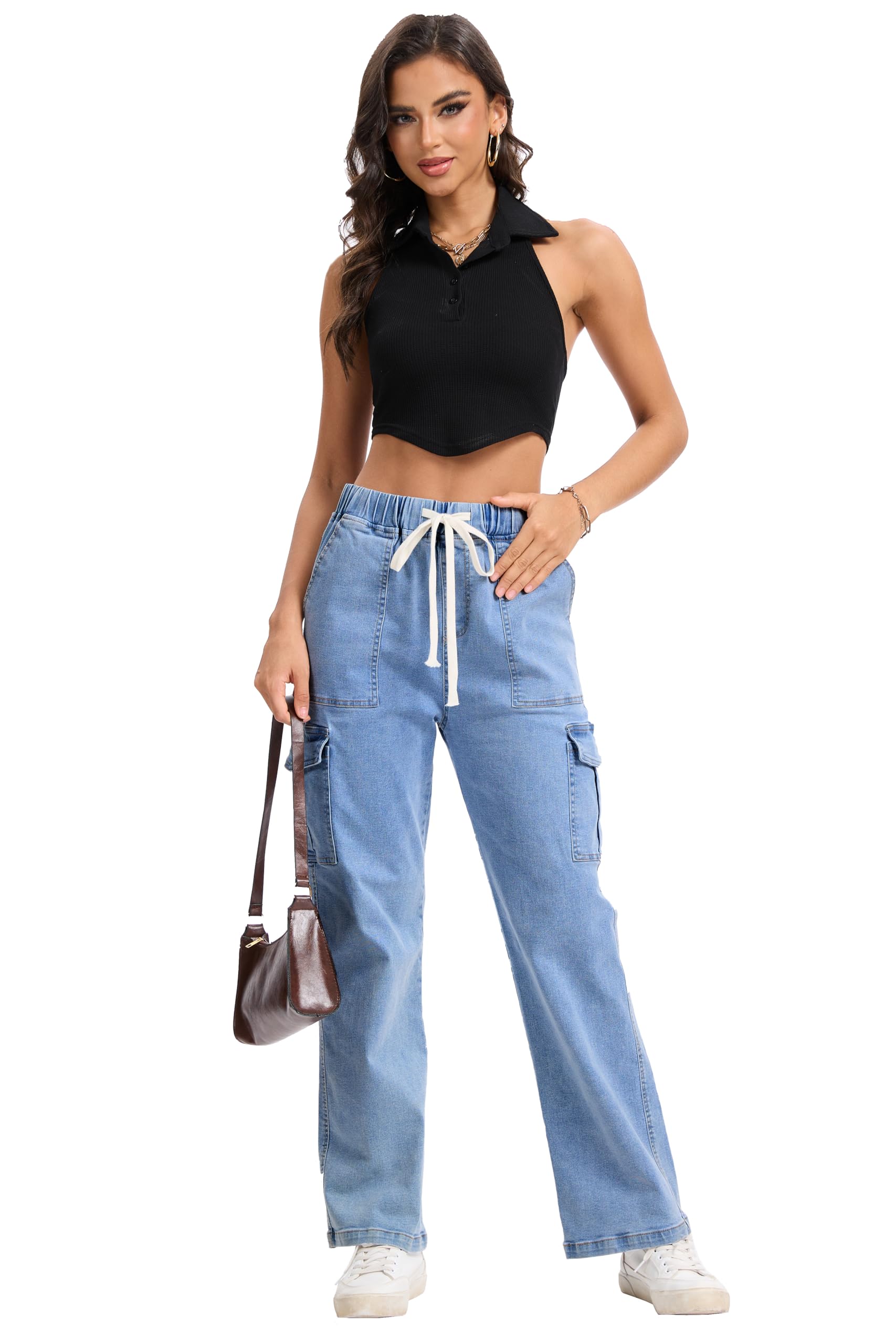 HVEPUO Womens High Waisted Cargo Pants Y2K Baggy Straight Leg Stretchy Jeans for Women Streetwear Trousers Pants 6 Pockets