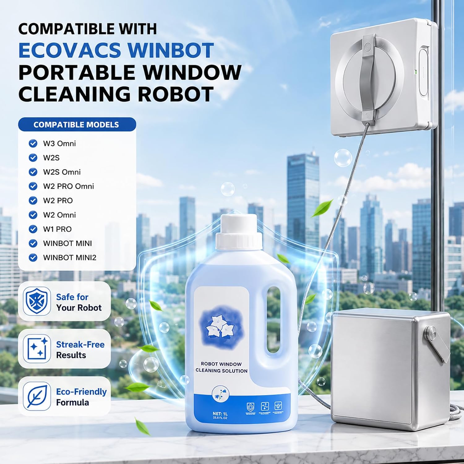 Window Cleaning Solution for ECOVACS WINBOT All Series Cleaning Robot | Low-Foam Multi-Surface Glass Cleaner Fluid for W3/ W2S/W2/W1 Pro Omni and MINI/ MINI2 Series, Streak-Free, 33.8Fl Oz(1L)