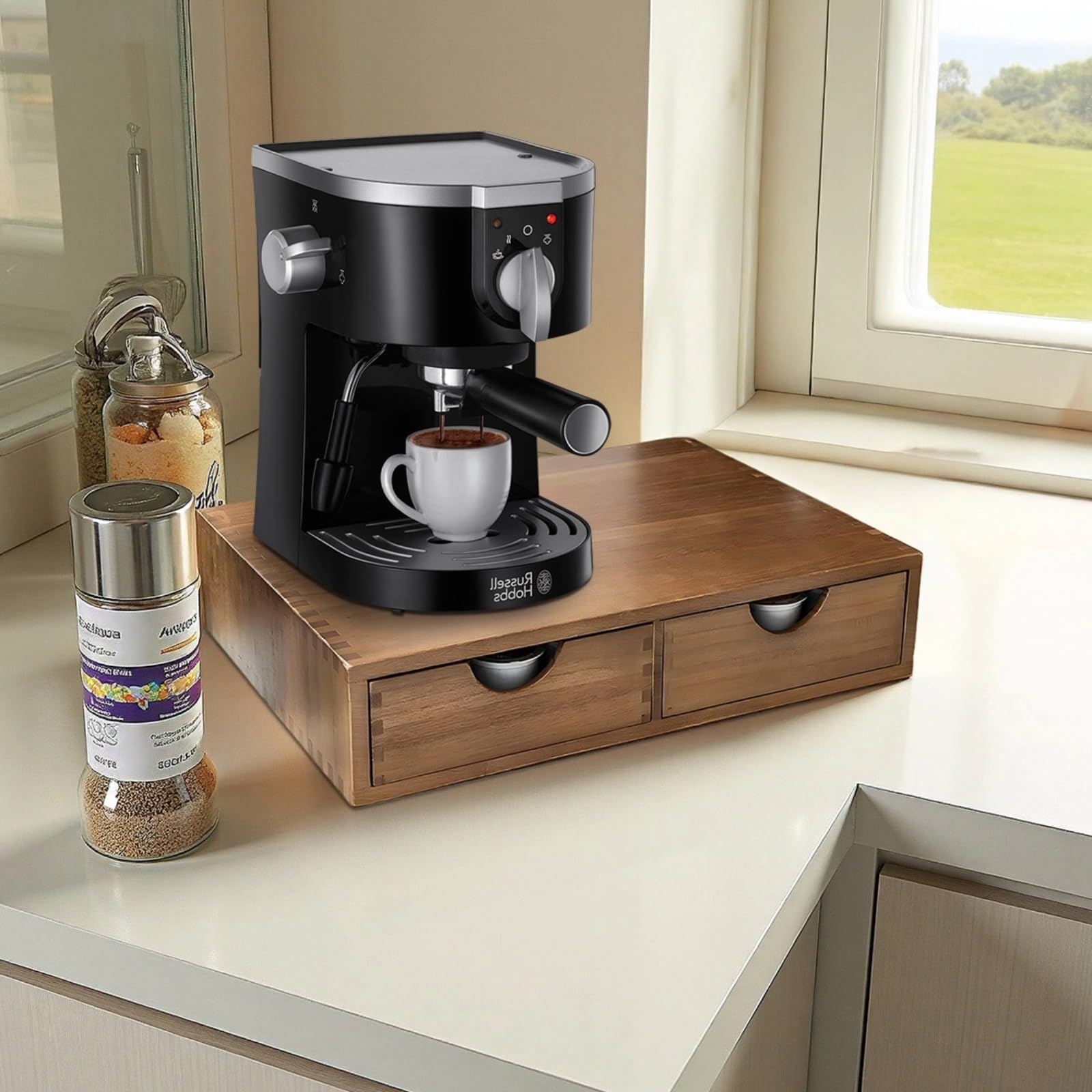 Kaffeekapsel-Aufbewahrungsschublade aus Holz, K-Cup- und Teebeutel-Organizer mit doppelten Schubladen, Maschinenfußständer, Braun