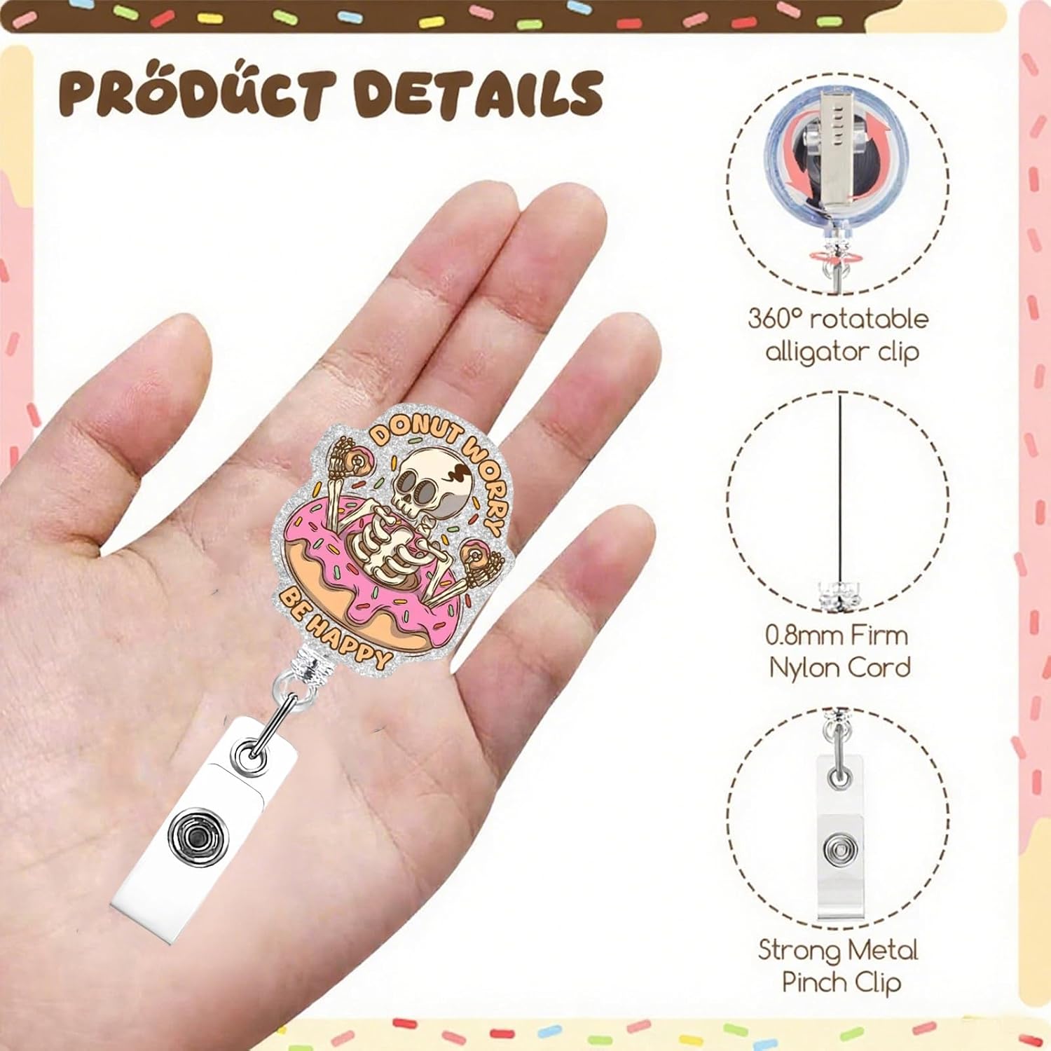 Donut Worry Be Happy Badge Reel Funny Skeleton in Donut Design Retractable ID Badge Holder Clip for Nurses Teachers Food Lovers Work Accessories to Keep Ids Badge Holder Reel image 3