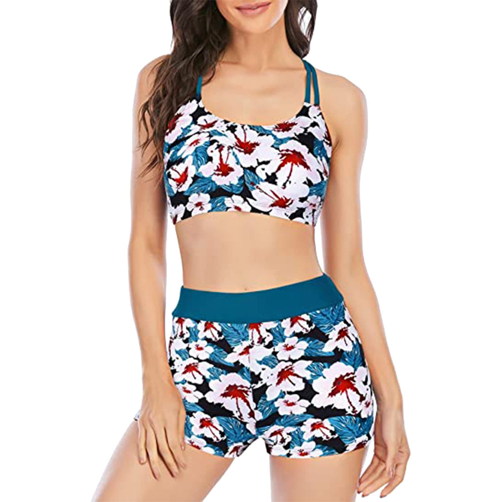 Damskie bikini z wysokim stanem seksowne push-up dwuczęściowe stroje kąpielowe strój kąpielowy retro zestaw z falbanką, błękitny, M