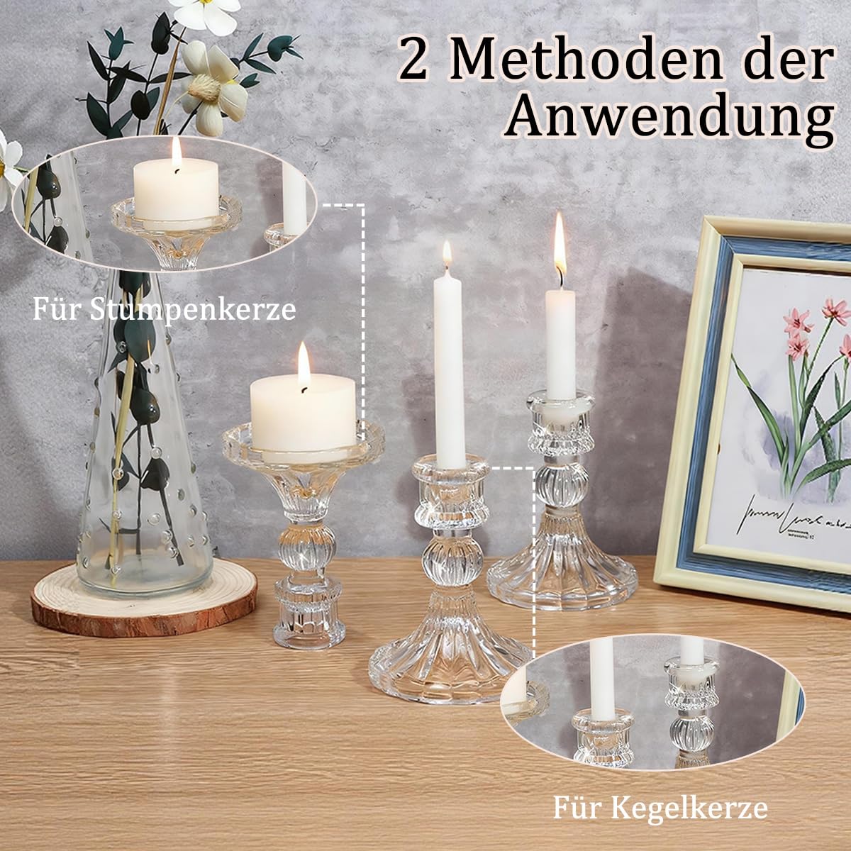 Kerzenhalter Glas, Klare Kerzenhalters für Kerzenständer, 10cm Hohe Gestreifte Kristall-Kerzenhalter, Dekorativer Candle Holder als Tischdekoration für Hochzeiten, Feste, Dinnerpartys, 6 Stück