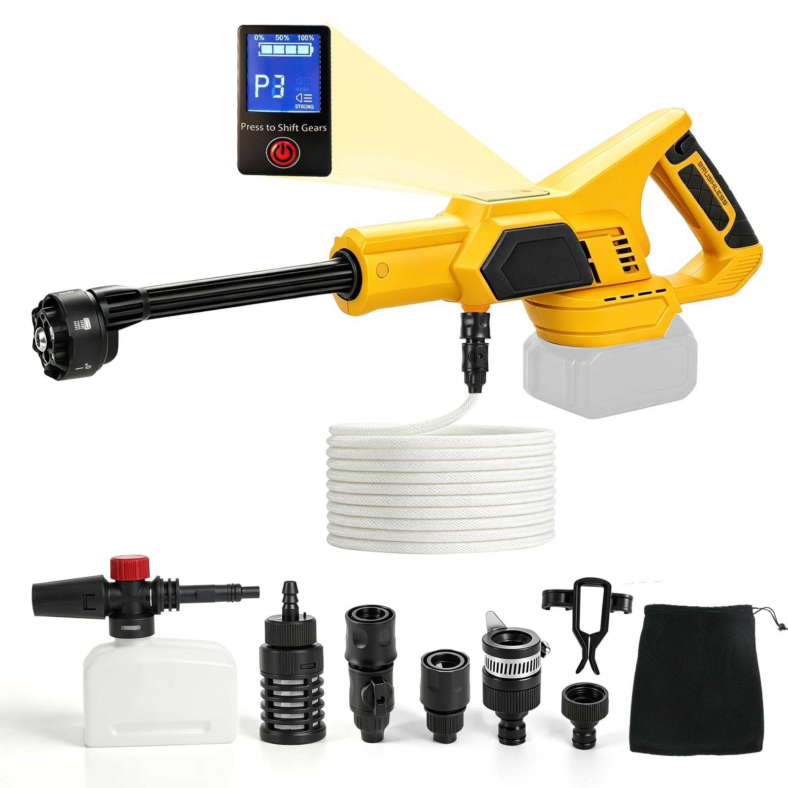 Cordless Pressure Washer Compatible With DeWalt 18-21V Battery, 6 in 1 Brushless Portable Jet Washers 4-5L/min Handheld Power Washer with 5M Hose and LCD Digital Display for Patio Car