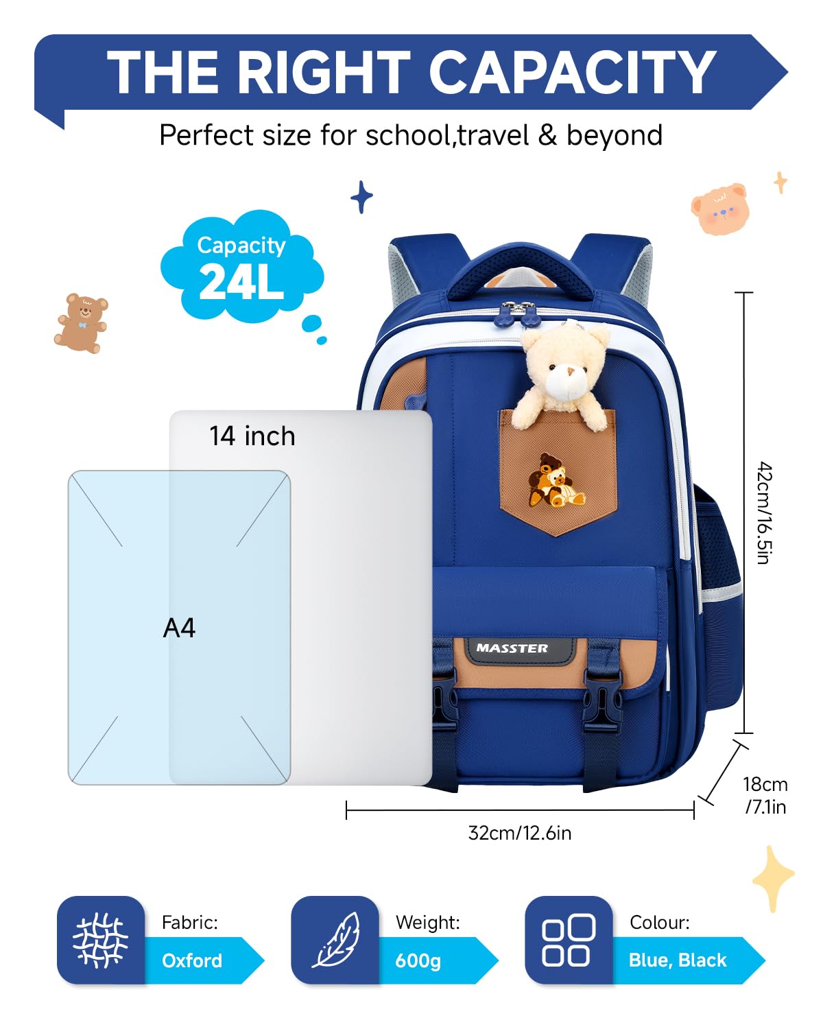 Amythe Zaino Scuola Elementare Bambino 6-10 Anni – Zaino Bambini Leggero (600g) Ergonomico con Fasce Riflettenti – Impermeabile per la Scuola, i Viaggi e il Quotidiano - Blu