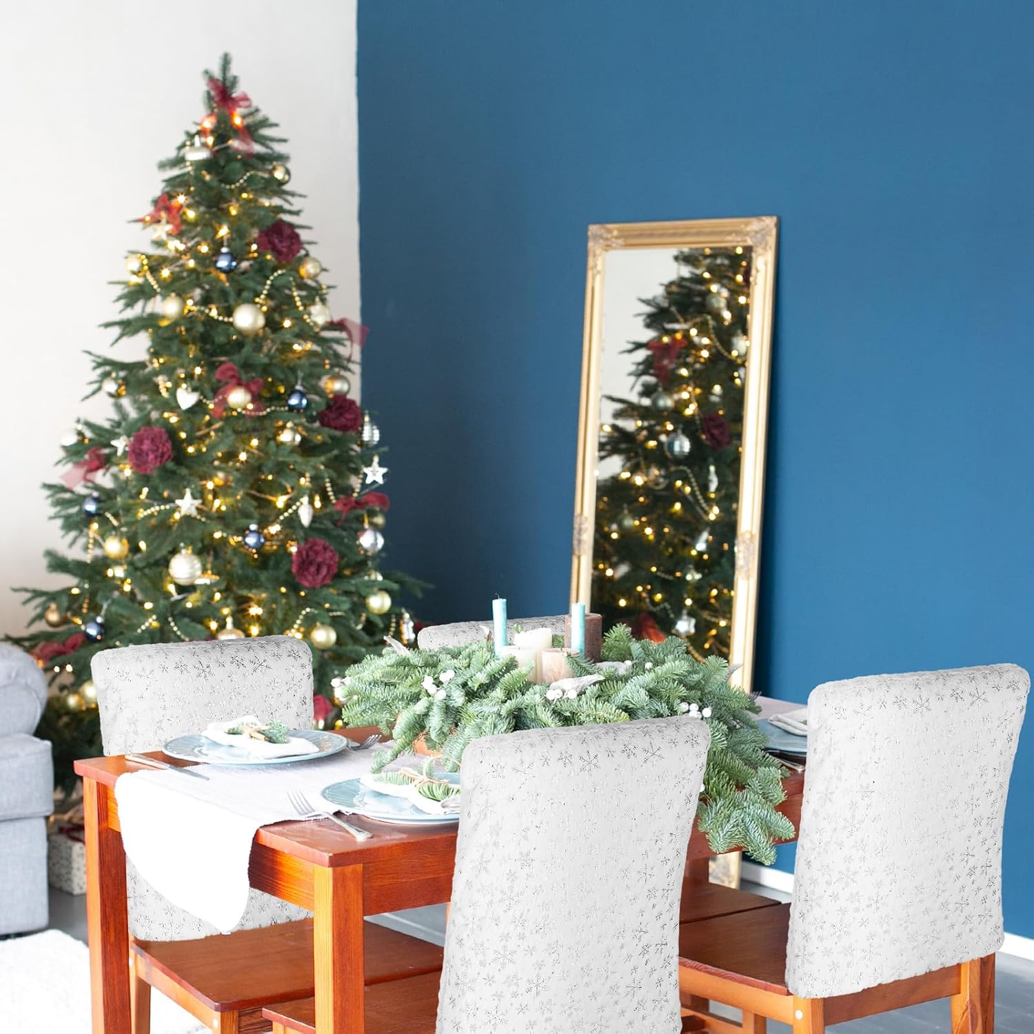 Moukeren 4 Pcs Christmas Chair Covers Plush Snowflake Chair Back Covers Sequin White Silver Washable Seat Slipcovers Protector for Holiday Xmas Kitchen Dining Room Home Decor