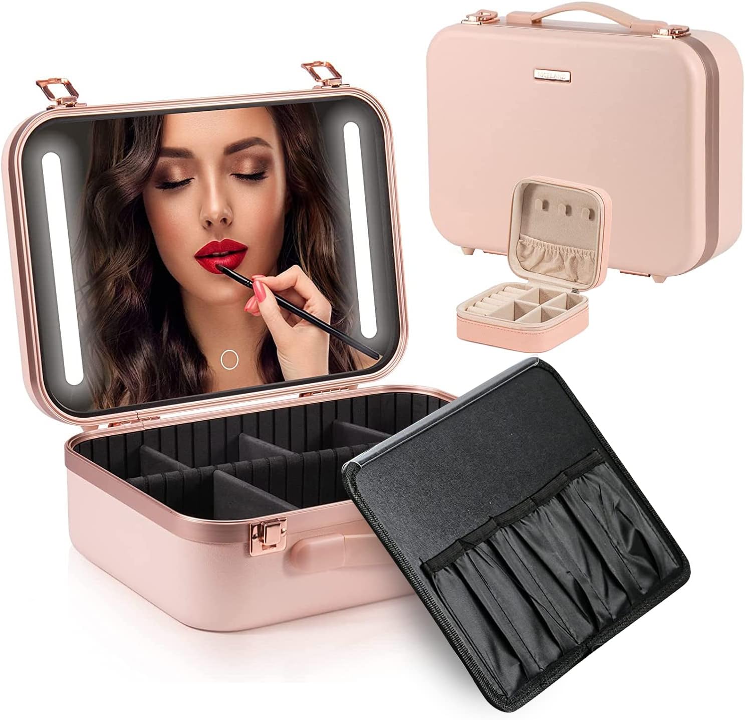 Angju Makeup Travel Lighted Case with Large LED Light Mirror Cosmetic Bag Organizer Professional Adjustable Divider Storage, Waterproof Portable Make up Train Box Accessories And Tools Case