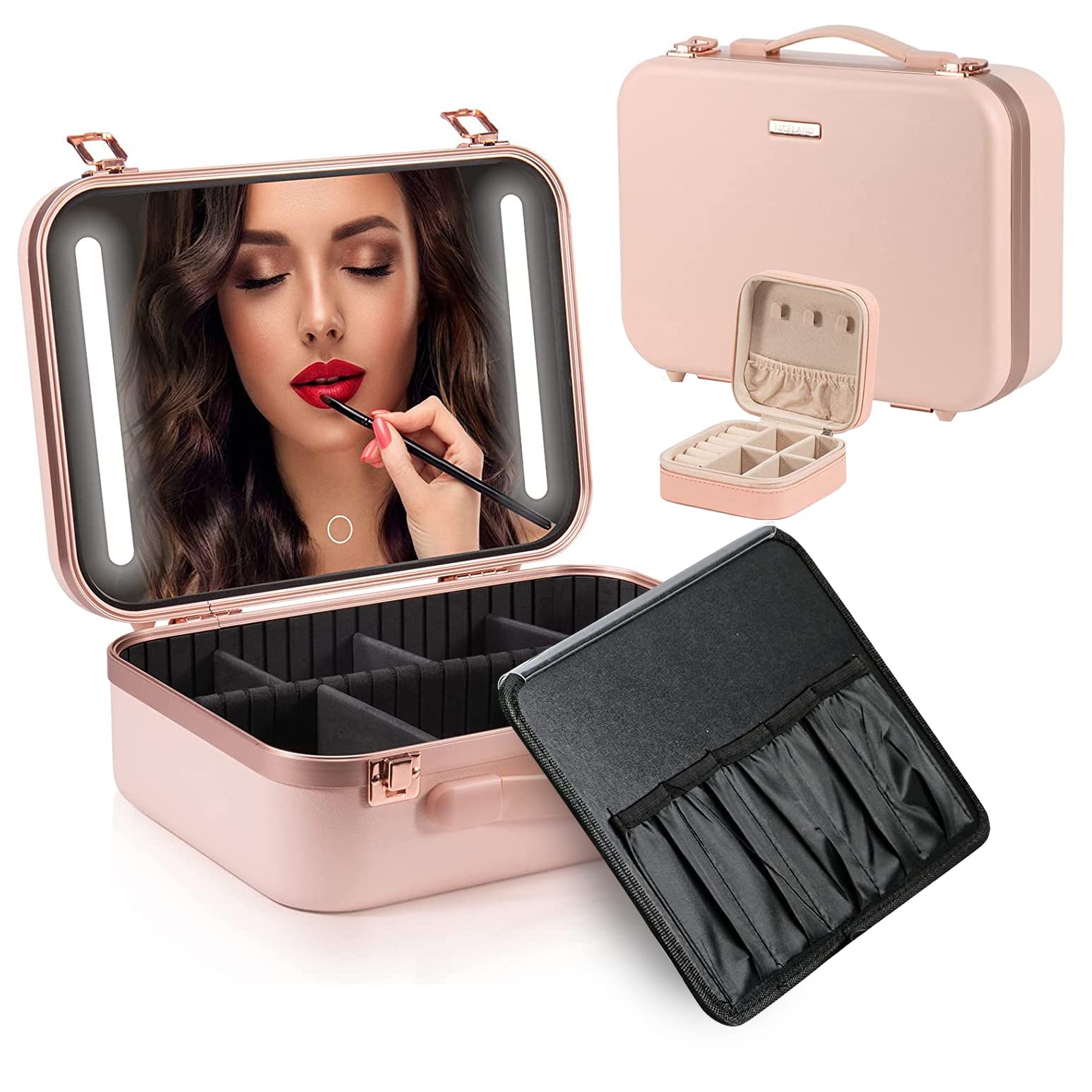 Angju Makeup Travel Lighted Case with Large LED Light Mirror Cosmetic Bag Organizer Professional Adjustable Divider Storage, Waterproof Portable Make up Train Box Accessories And Tools Case