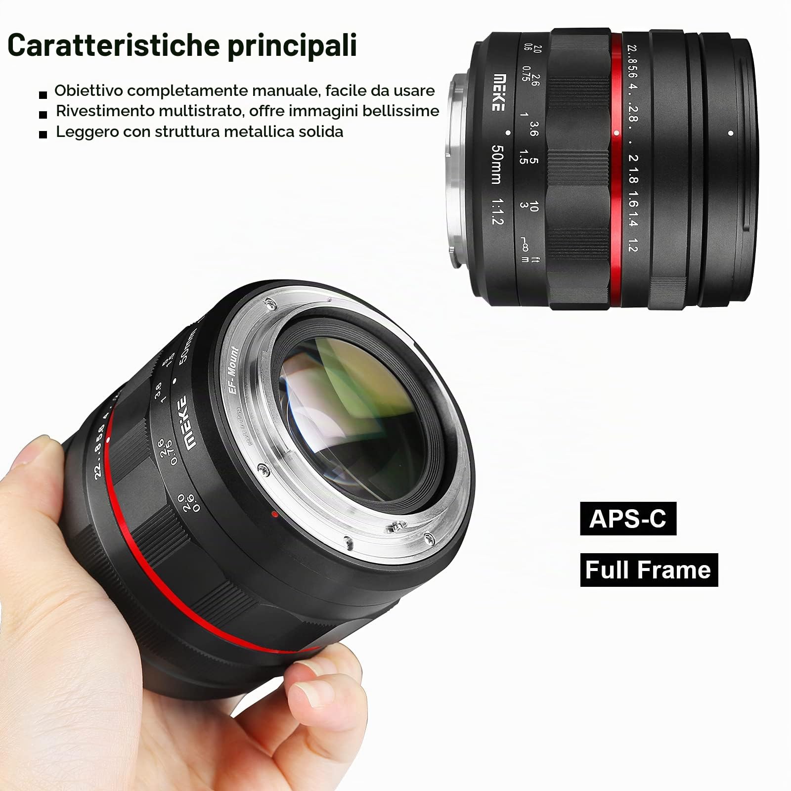 Meike MK-50mm F1.2 Obiettivo fisso con messa a fuoco manuale full frame ad ampia apertura compatibile con fotocamere reflex digitali Canon EOS EF Mount