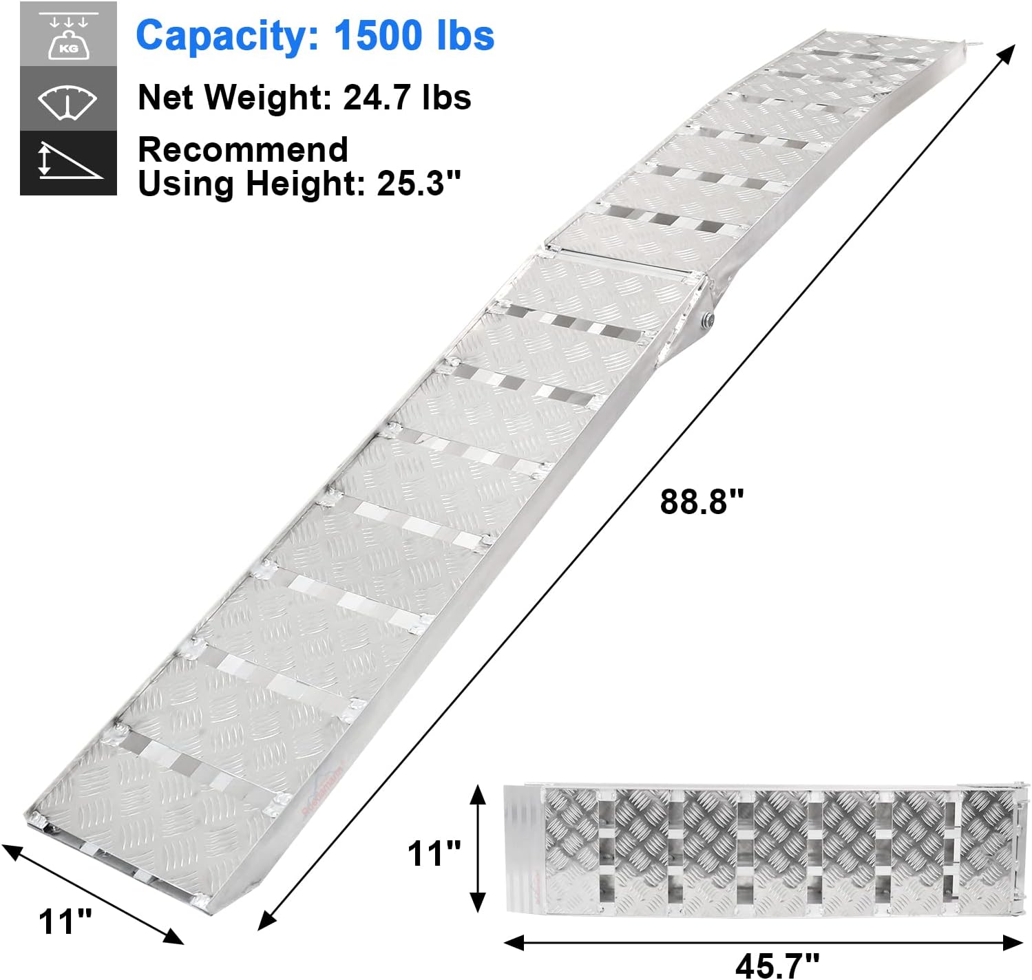 Ruedamann 7.5'L × 11" W Folding Loading Ramp, 1500 lbs Capacity, Heavy-Duty Aluminum Portable ATV UTV Ramp/Motorcycle Ramp/Truck Ramp for Dirt Bikes,Carts,Trucks,Lawn Mowers,Snow Blowers Pickup,1 PC