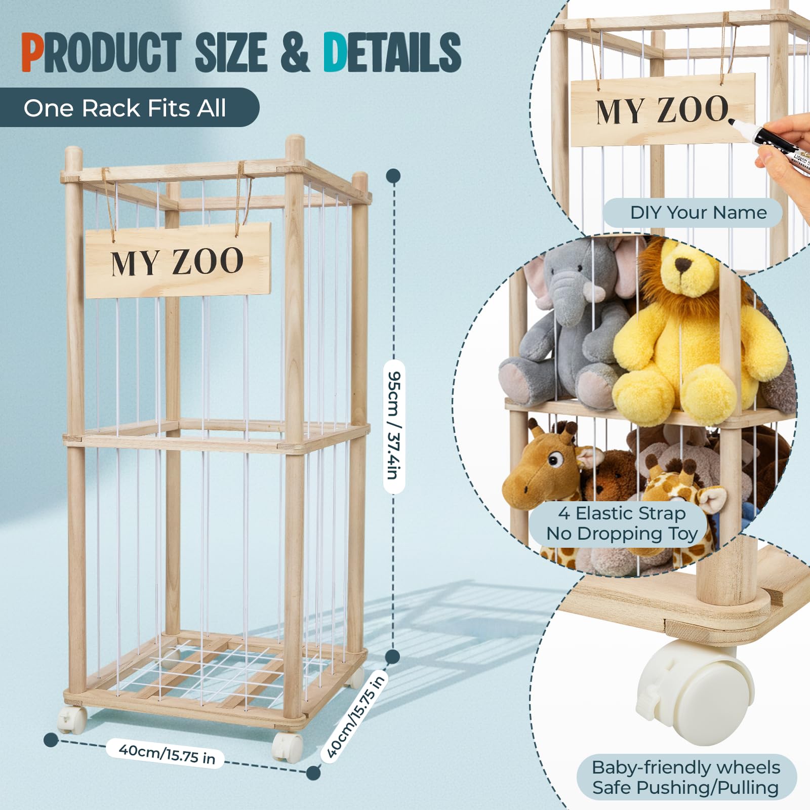 Porta Peluche Verticale a 2 Ripiani, Portapeluche con Ruote Frenate a 360°, Organizer per Animali di Peluche e Giocattoli, per Camera dei Bambini, Sala Giochi, Soggiorno, 95 x 40 x 40 cm