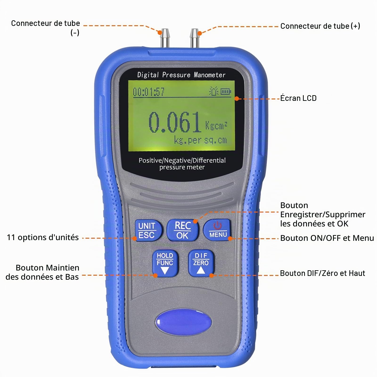 Manomètre Différentiel Numérique ±206.8KPa, Kethvoz Testeur de Pression de Gaz à Deux Ports Mesure de Pression Positive/Négative/Différentielle, avec Fonction d'alerte de Surpression, pour VMC System
