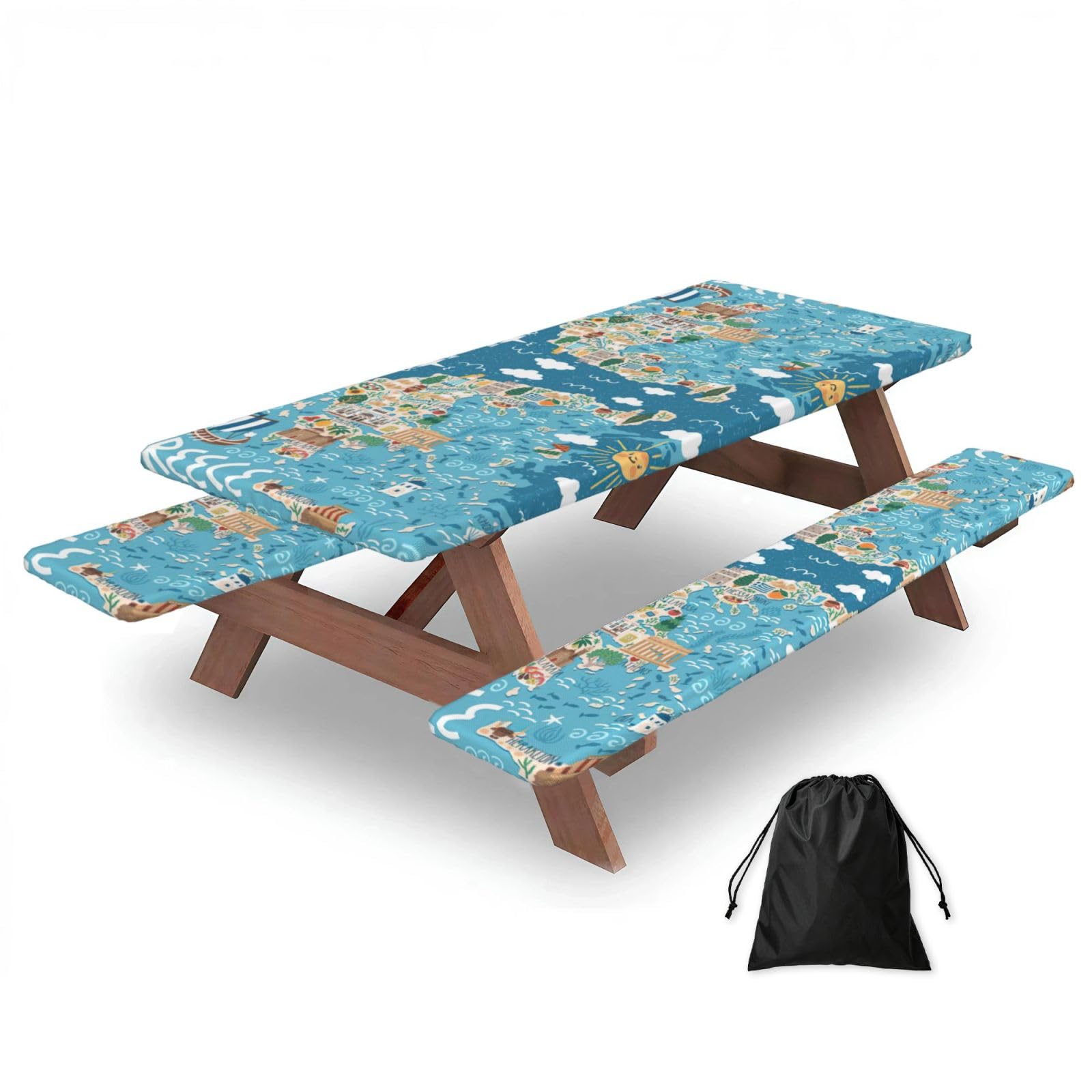 Zyjhyy Black Greece Map Print 3 Pack Wipeable Picnic Bench Cover And Table Cover Lightweight Table Cloth For Camping Outdoor