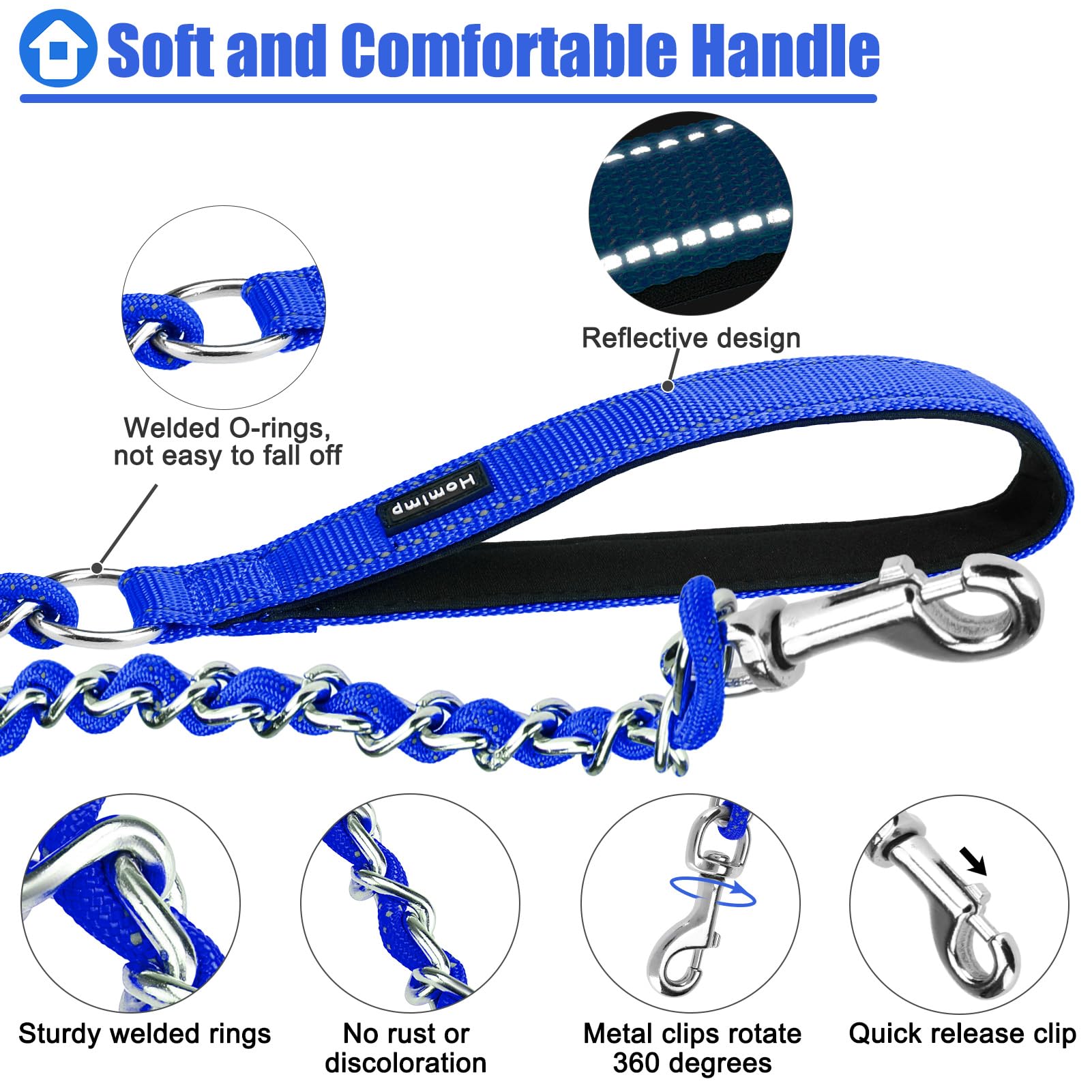 Homimp Chain Reflective Metal Dog Leash Anti-Chew for Large Dogs 1.8 m and Padded Handle Soft Comfortable Anti-bite and Durable with Rope - Image 3