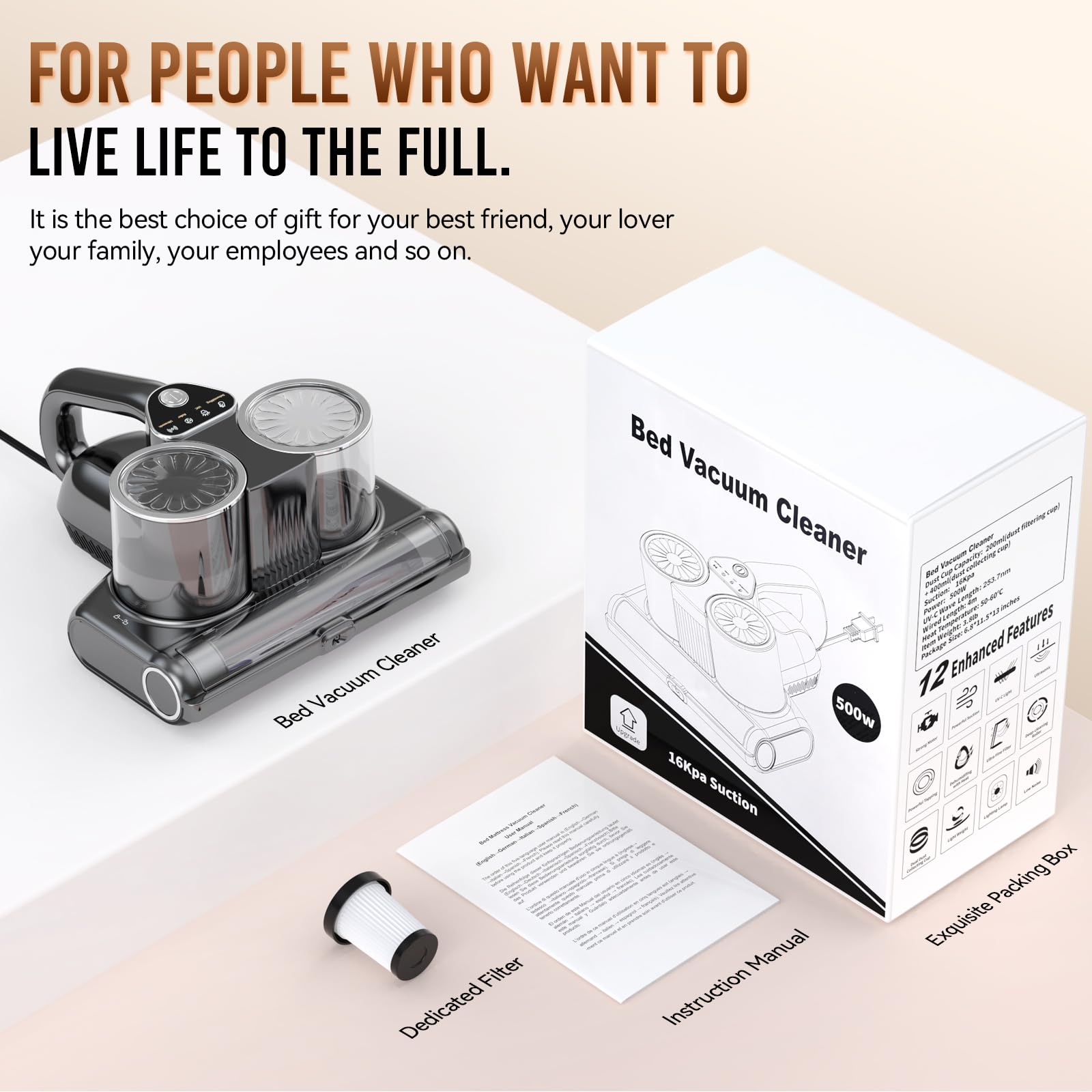 Aspiratore per materassi con luce UV-C, 16Kpa Battimaterasso Aspirapolvere per Materassi luce sensore acaro della polvere, indicatore LED, ultrasuoni, Battitappeto per Divano, Tessuti e Letti