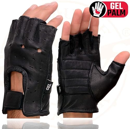Miniatura 4 de Milwaukee Leather SH851 - Guantes de mano para motocicleta sin dedos acolchados de gel de cuero negro para hombre, hechos con piel de ciervo genuina