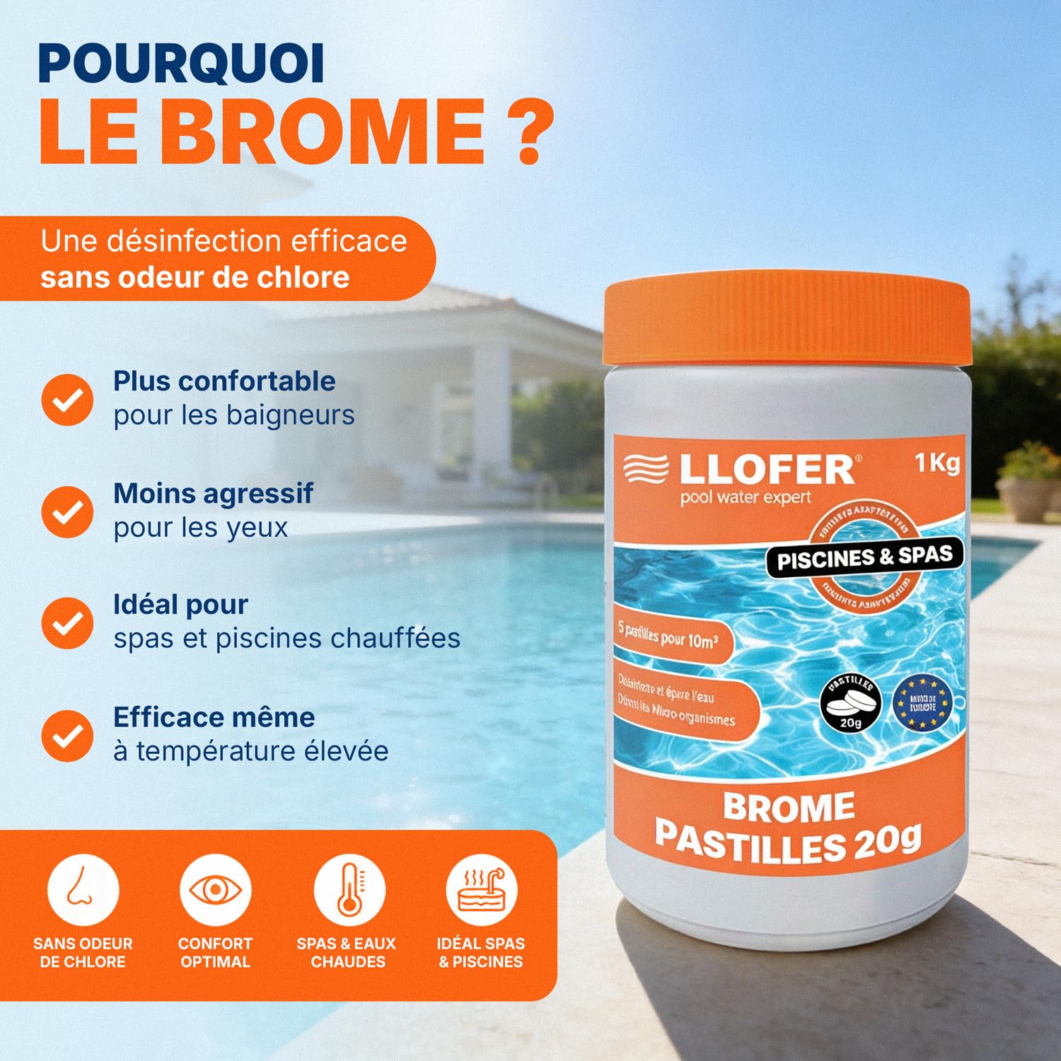 1kg Pastilles de Brome 20g - Dissolution Lente & Traitement Longue durée - Désinfection sans Odeur de Chlore - Aussi Efficace Que Le Chlore - Haute tolérance au pH - Brome Piscine