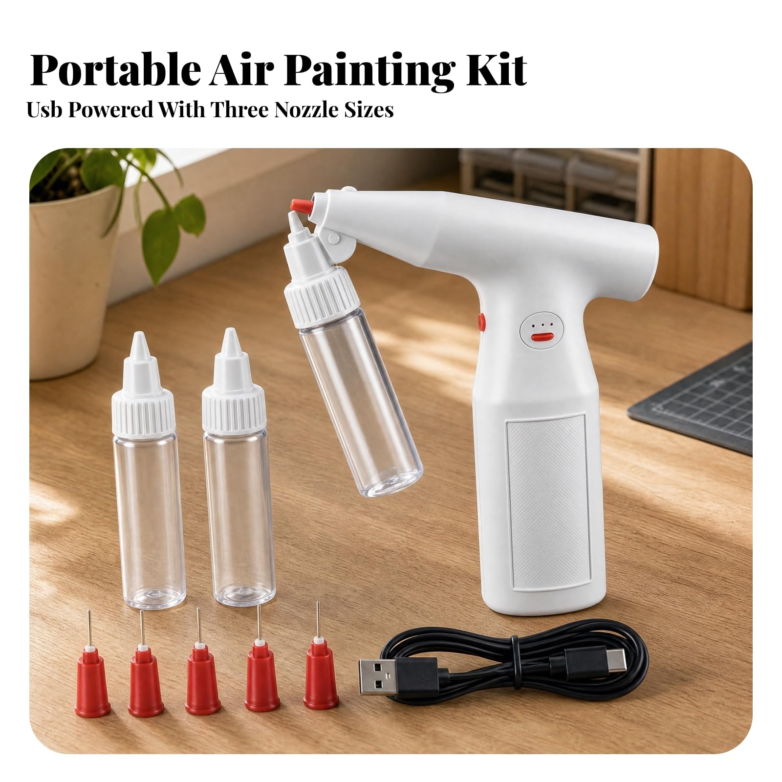 Pistola a Spruzzo con 3 Ugelli Intercambiabili Portatile Aerografo USB con Contenitore Rimovibile Professionale per Estetiste Unghie,