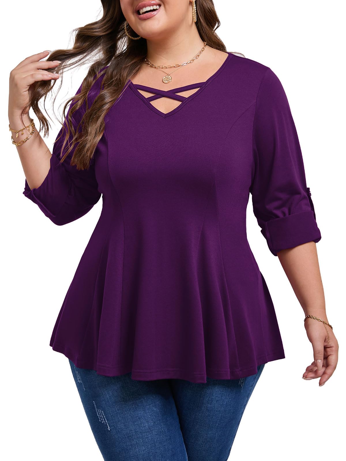 AMCLOS Womens Plus Size Tops 3/4 Roll up Sleeve Tunic V Neck Crossover T-Shirts Casual Flowy Pleated Blouses Summer 2025