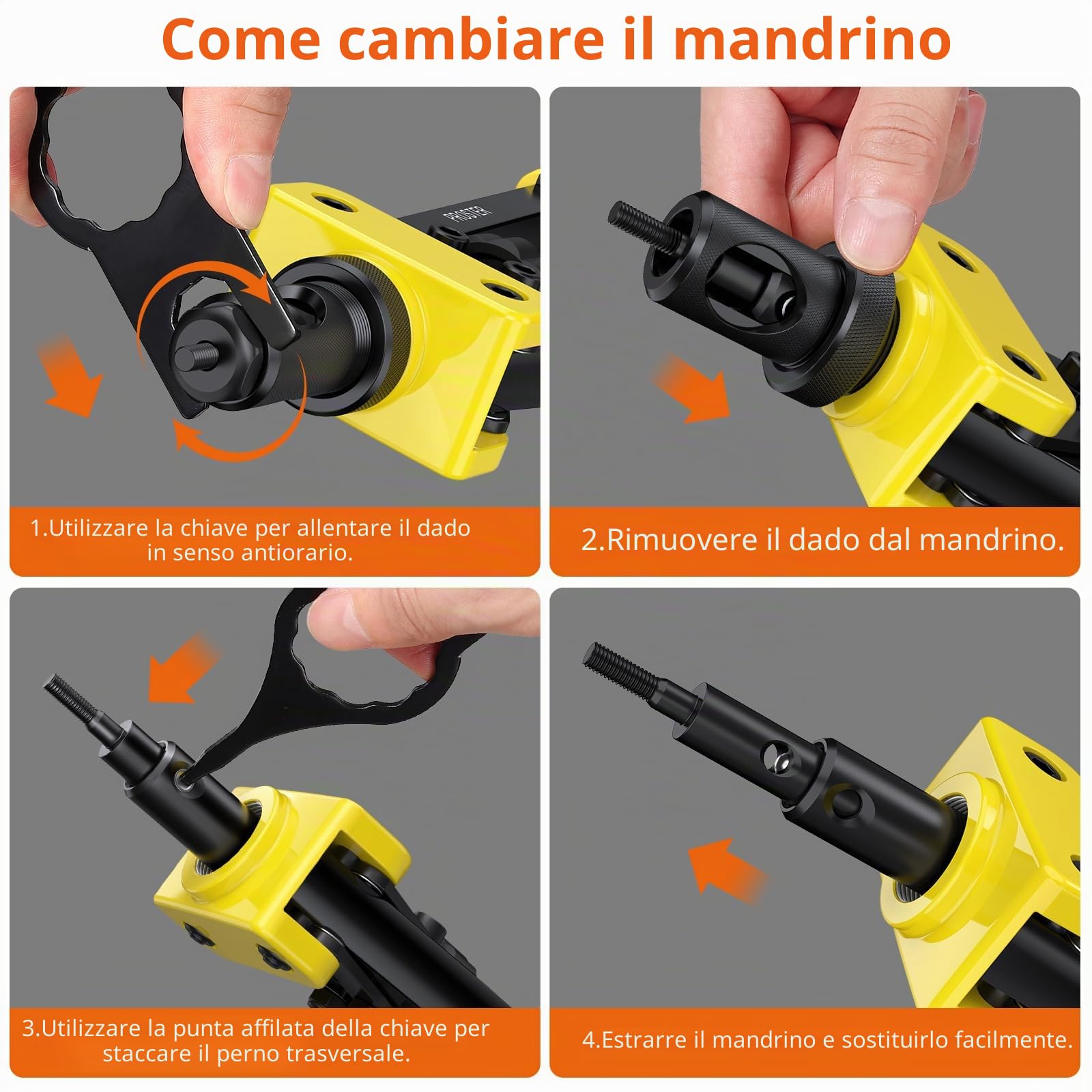 Proster 14" Rivettatrice Professionale a Doppia Impugnatura Kit Pistola a Rivetti con 6pz Mandrini Metrici Intercambiabili e 150pz Rivetti Dadi Filettati M3 M4 M5 M6 M8 M10-Giallo
