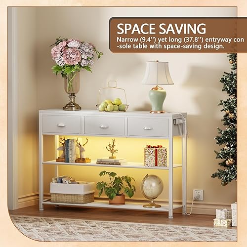 Miniatura 7 de Furologee Mesa consola de 38 pulgadas con 3 cajones, mesa de sofá pequeña con luces y tomas de corriente, mesas de pasillo con estantes de 3