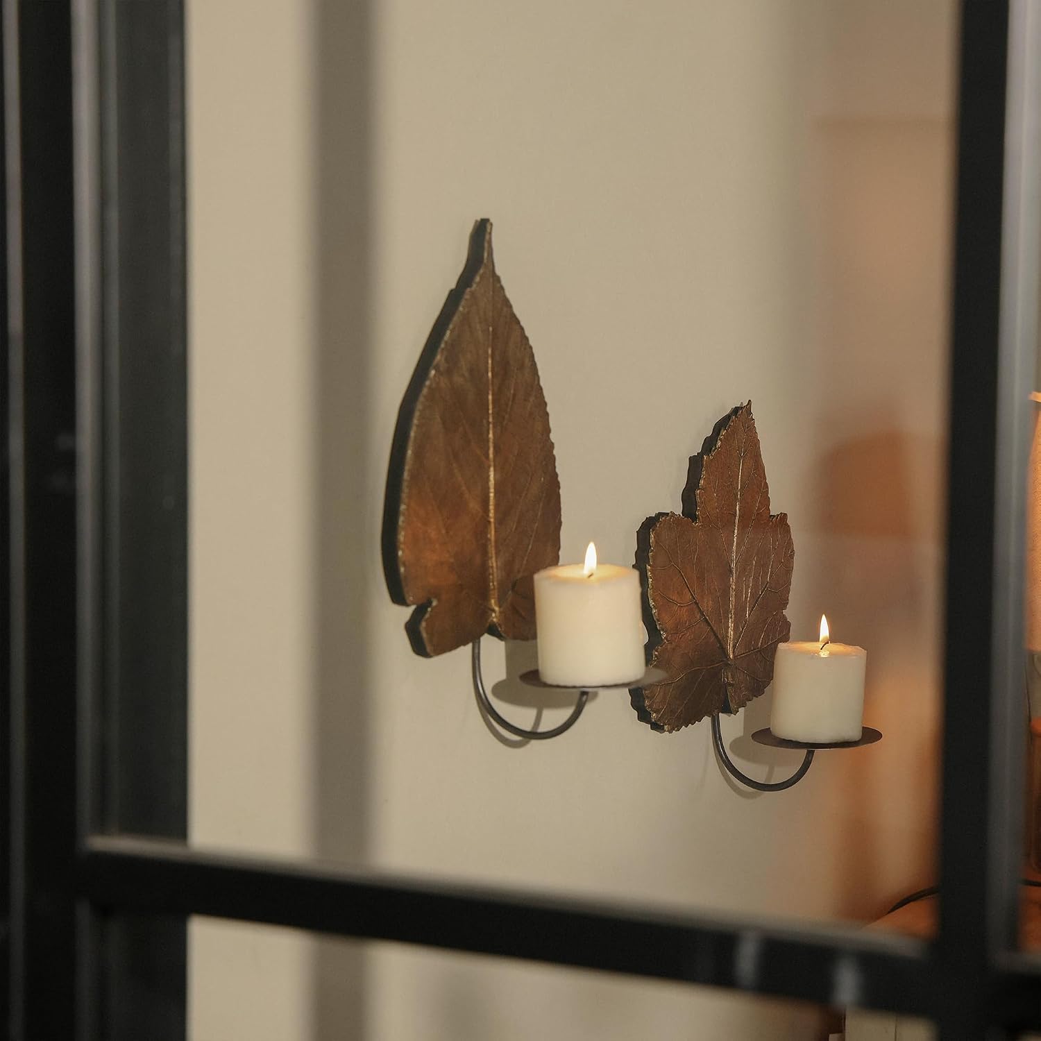 SOFFEE DESIGN Set of 2 Leaf Wall Sconces, Vintage Gold Metal Maple & Poplar Leaves with 3.15” Candle Cups with Prong, Rustic Farmhouse Candle Holder for Hallway
