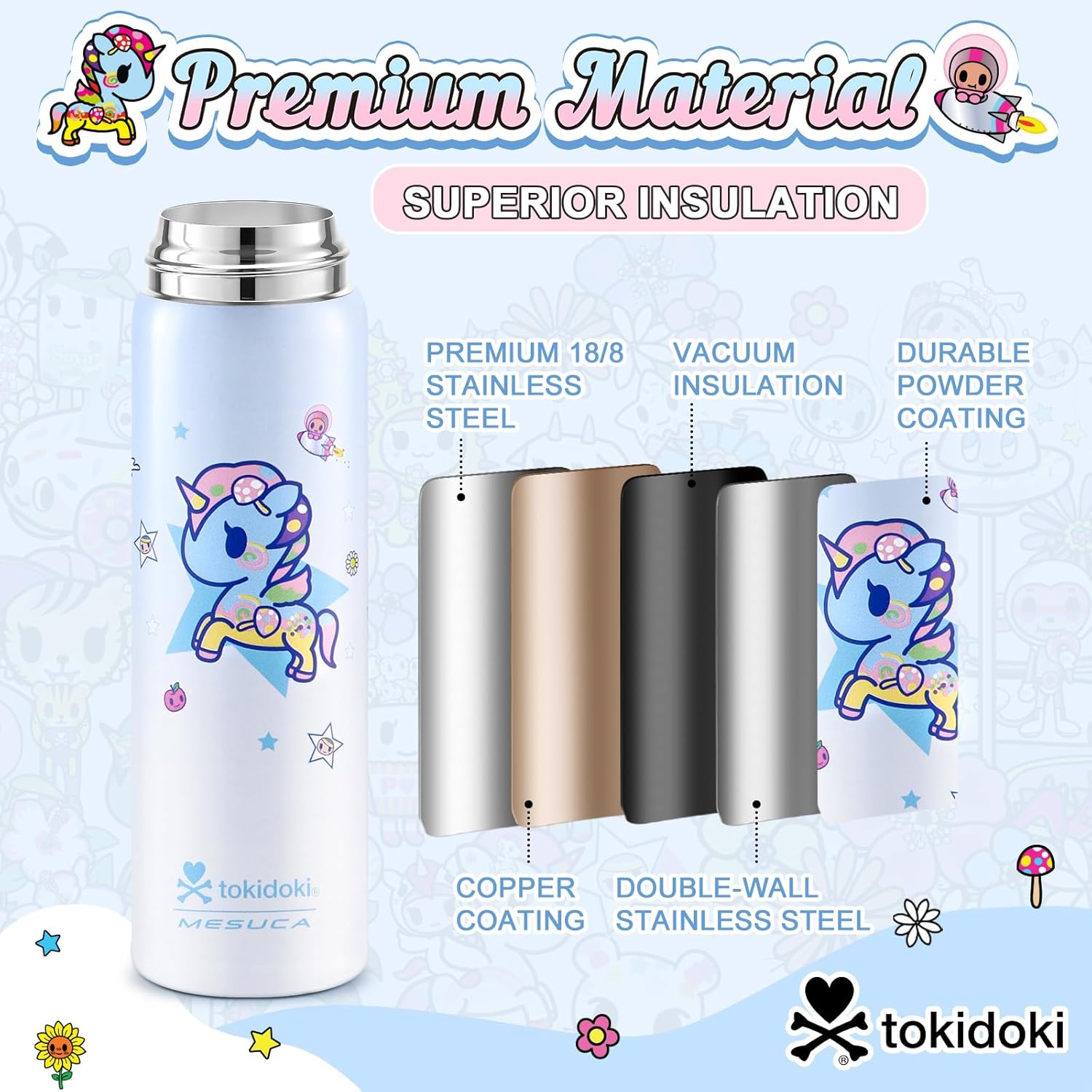 Tokidoki Unicorno Bottle 17oz Insulated Stainless Steel Water Bottle Reusable Vacuum Insulated Water Bottle Tumbler with Leak Proof Flip Bottle for Travel Office Gym (flower power) - Image 3