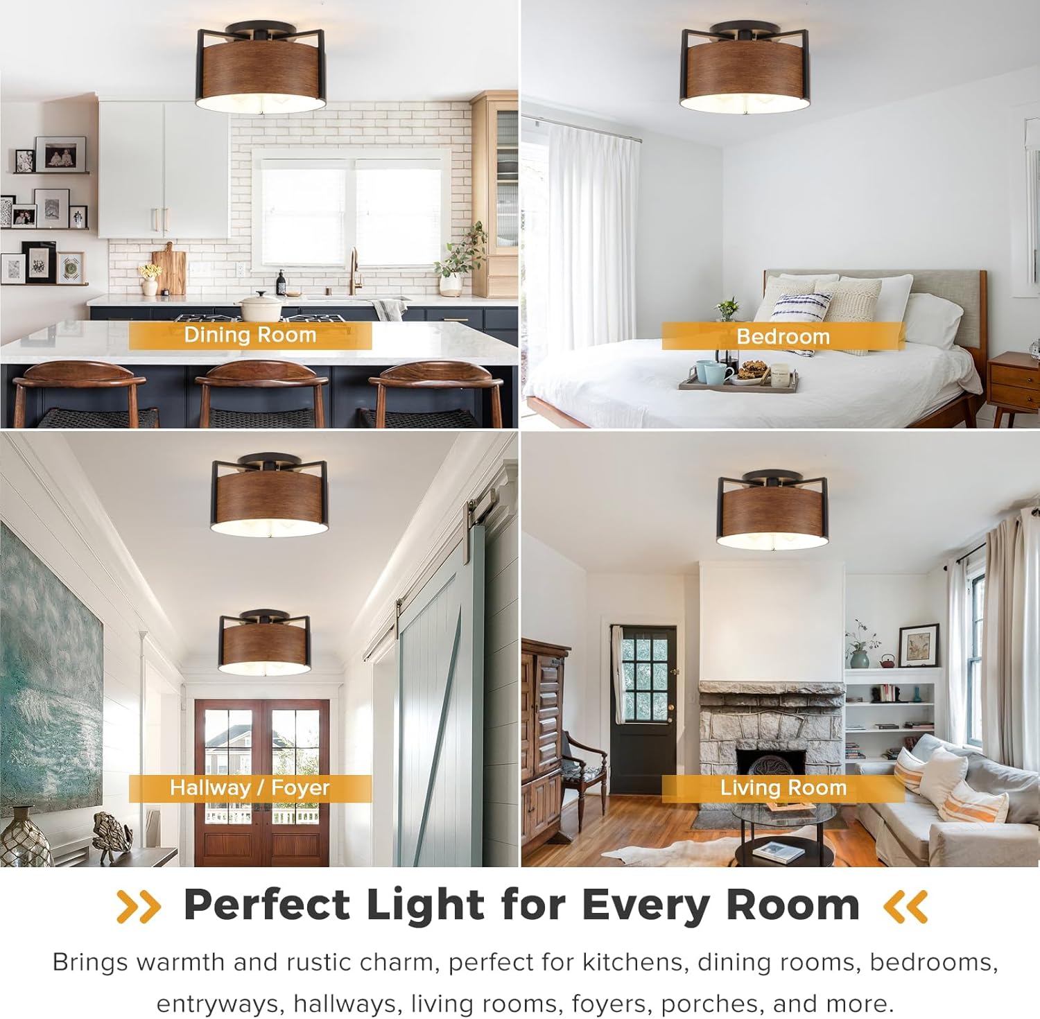 15'' Farmhouse Semi Flush Mount Ceiling Light, 3-Light Rustic Hallway Entryway Light Fixtures, Metal Wood Grain Finish Close to Ceiling Lights for Kitchen Dining Room Bedroom Living Room Foyer, Brown