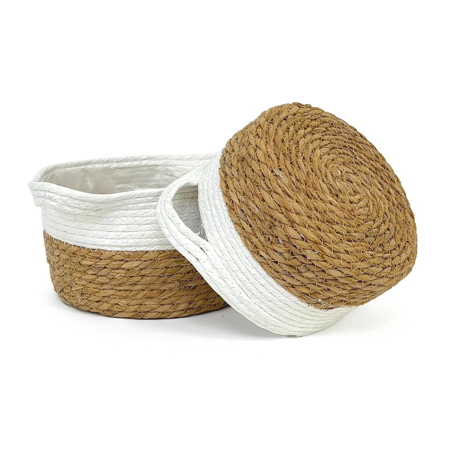 Lot de 2 paniers en paille naturelle et corde, pots à fleurs, plantes, tressés, osier, paniers, pour intérieur et extérieur, décoration de maison, accessoires de rangement (rond)