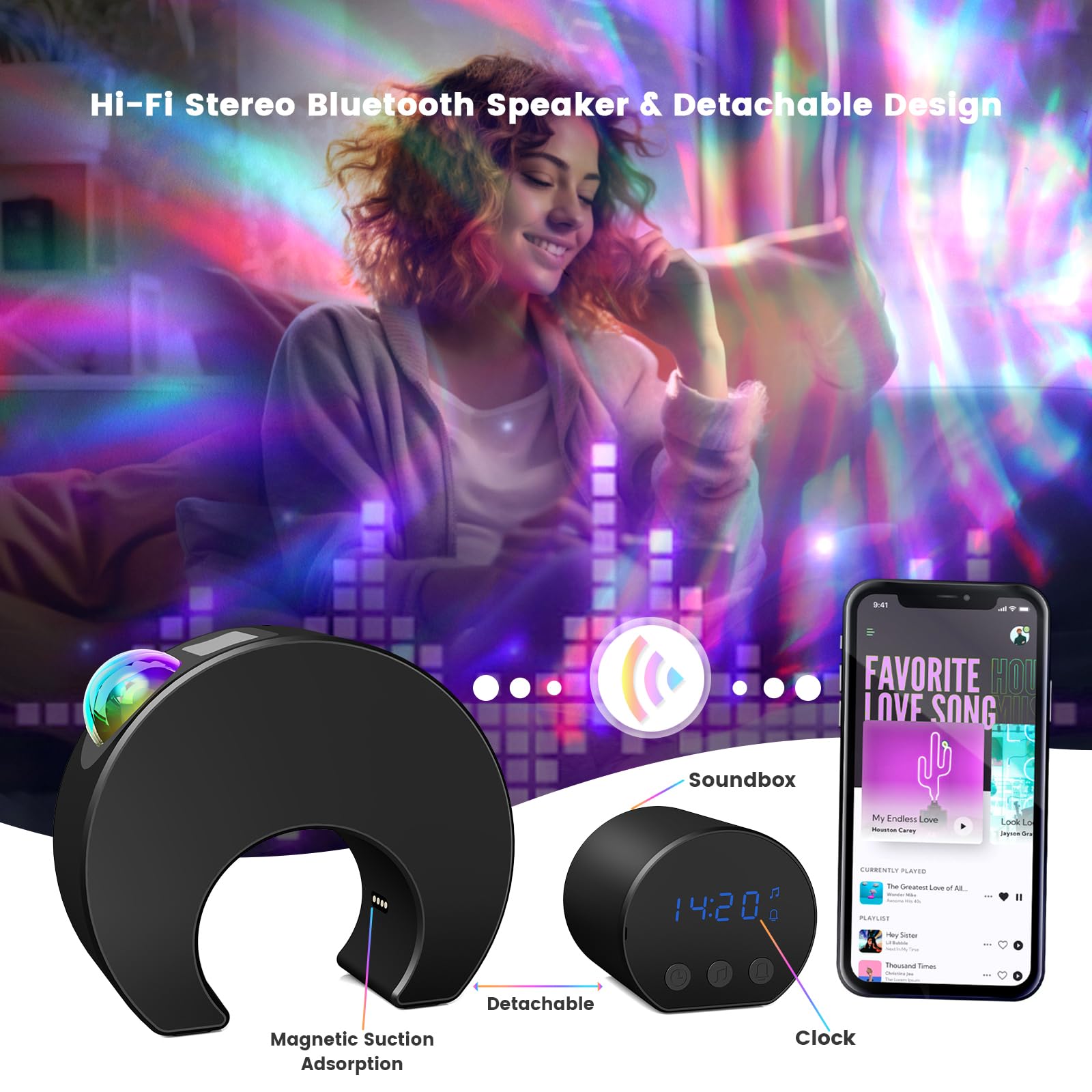 Proiettore luce camera, proiettori a luce di luna, altoparlanti Bluetooth e timer dominato, illuminazione per bambini, camera da letto adulta, feste, oggetti da arredamento, facilmente rimovibili