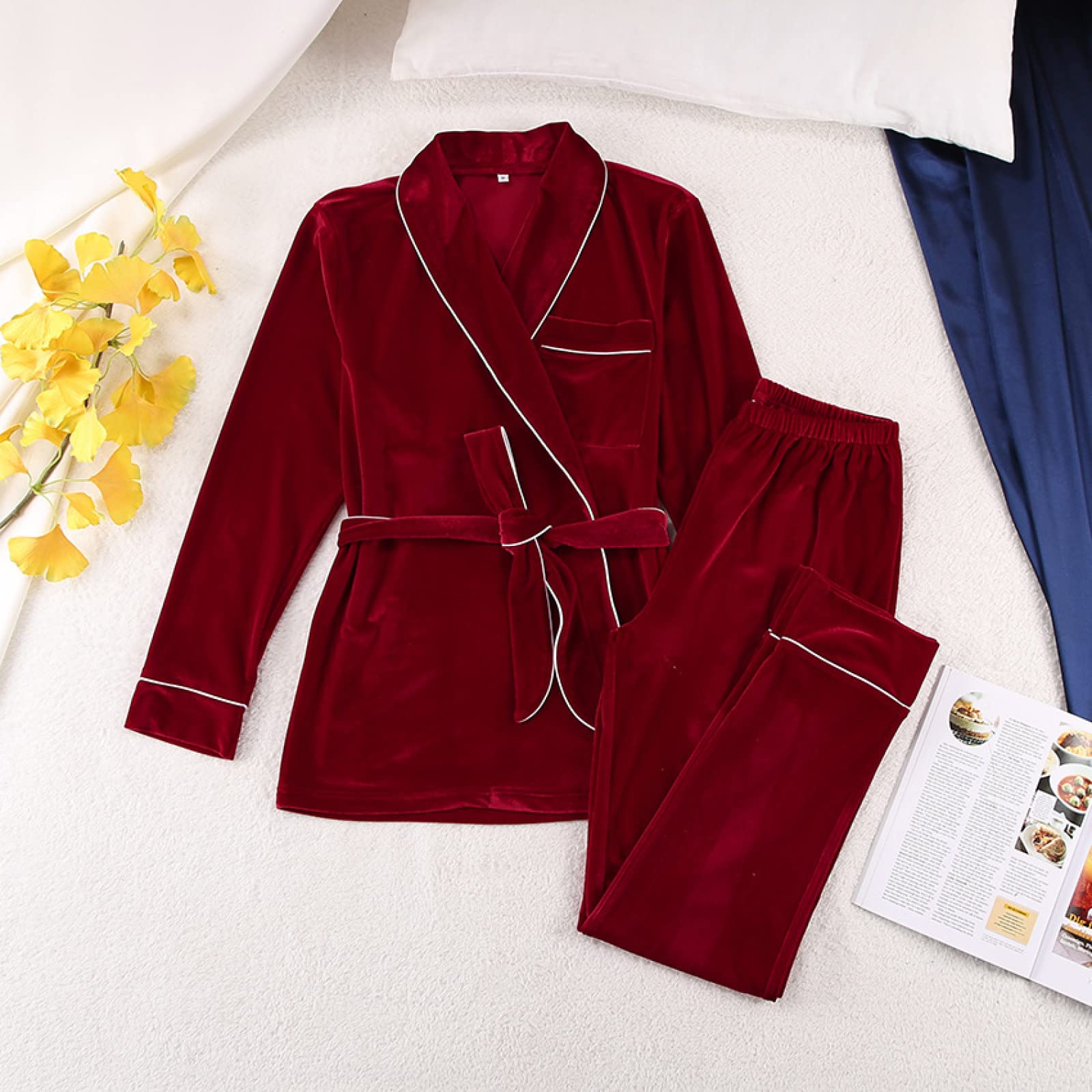 Conjunto De Dos Piezas De Pijama De Manga Larga para Mujer, Conjunto De Cárdigan Cálido Y Cómodo, Camisón Sexy para Mujer,Rojo,XL