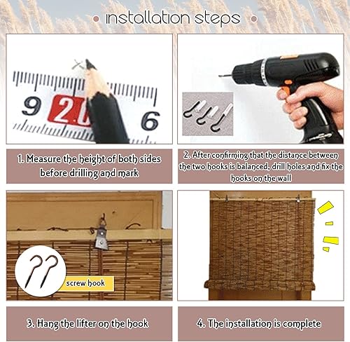 Miniatura 6 de Persianas enrollables para exteriores, 36 x 96 pulgadas (ancho x alto), persianas de bambú para patio, persianas romanas enrollables con elevador,